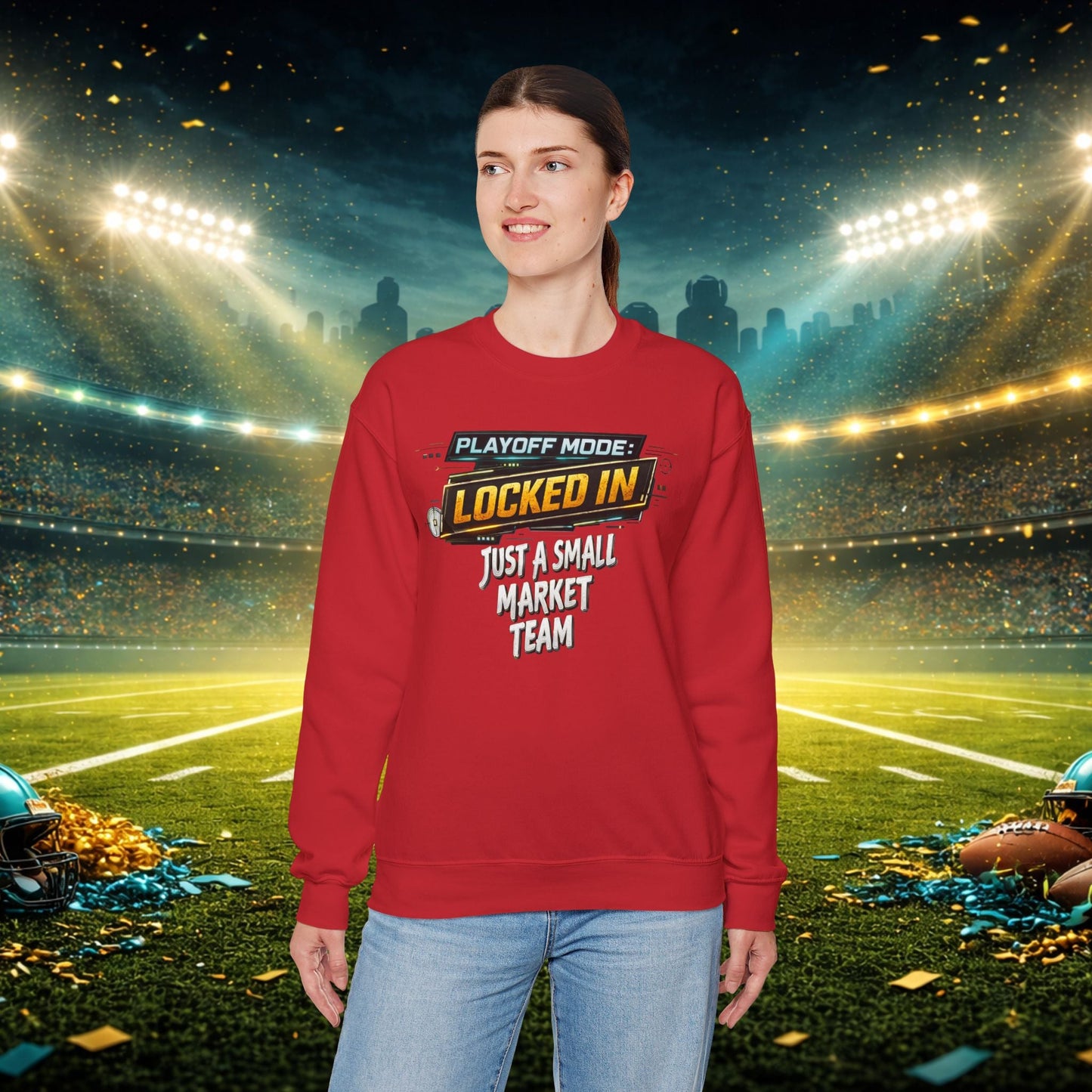 Playoff Mode Locked In Crewneck Sweatshirt — “Hunt Every Down, Duval!” Football Fan Pullover Printify