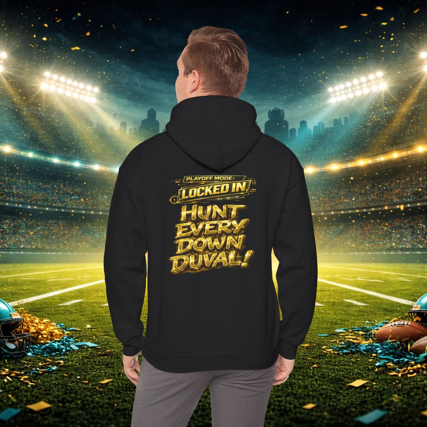DUUUVAL Football Hoodie – "Locked In, Hunt Every Down" Team Pride Sweatshirt Printify