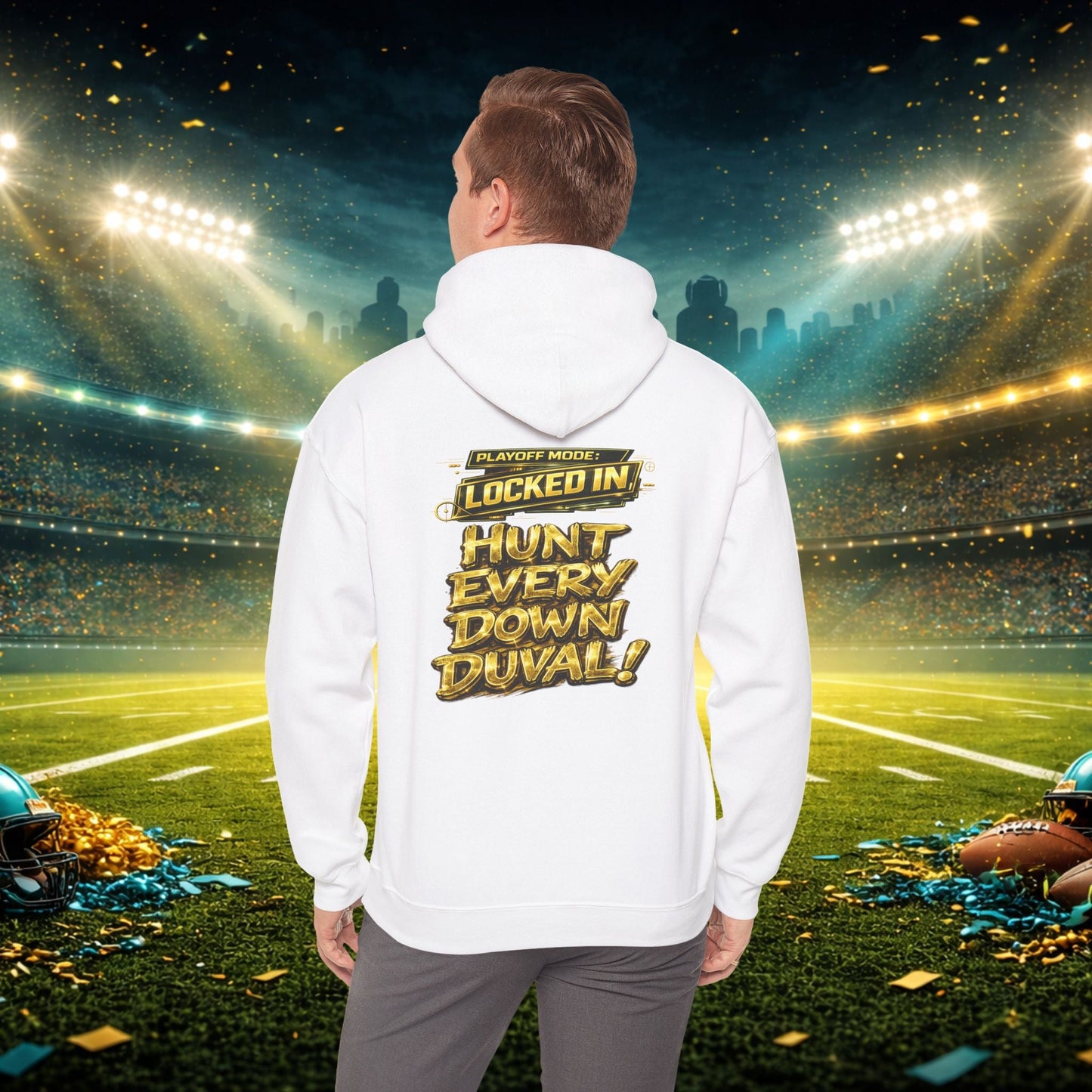 DUUUVAL Football Hoodie – "Locked In, Hunt Every Down" Team Pride Sweatshirt Printify