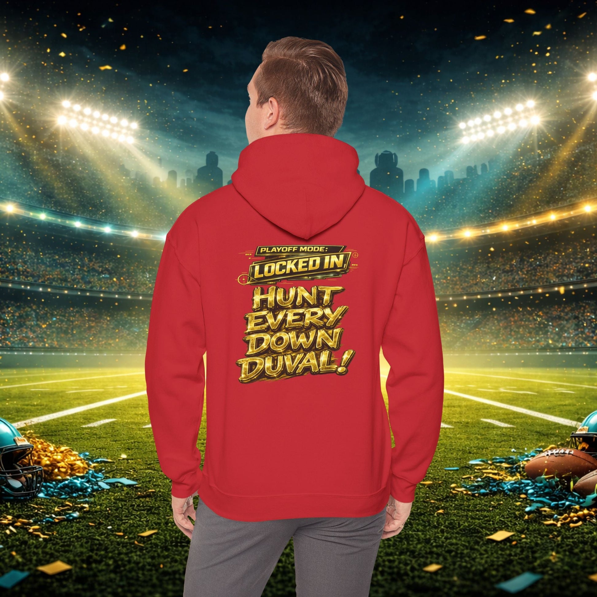 DUUUVAL Football Hoodie – "Locked In, Hunt Every Down" Team Pride Sweatshirt Printify