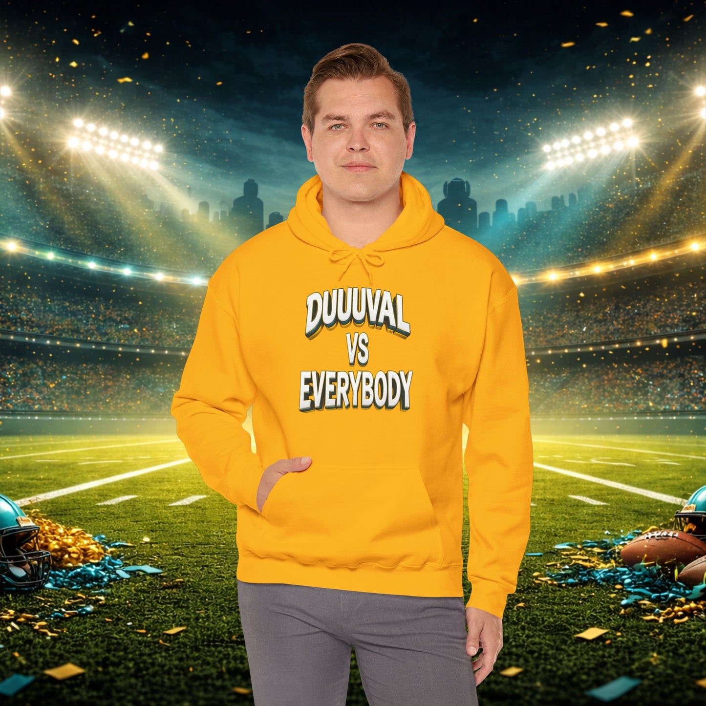 Defend The Bank Hoodie — "DUUUVAL vs EVERYBODY" Jacksonville Streetwear Hoodie Printify