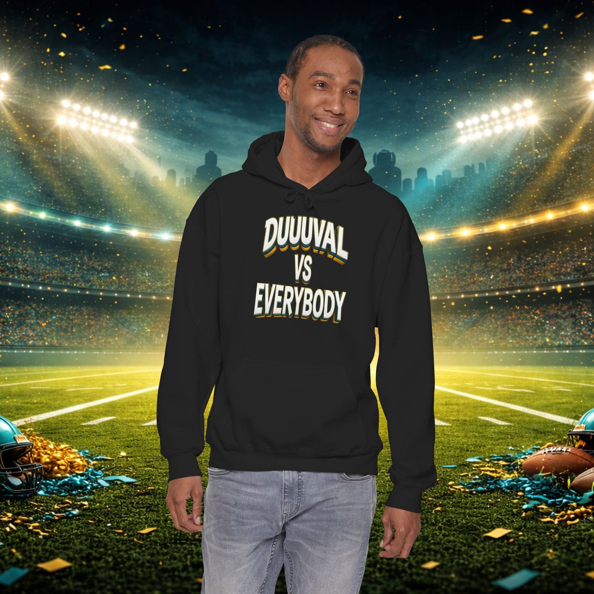 Defend The Bank Hoodie — "DUUUVAL vs EVERYBODY" Jacksonville Streetwear Hoodie Printify