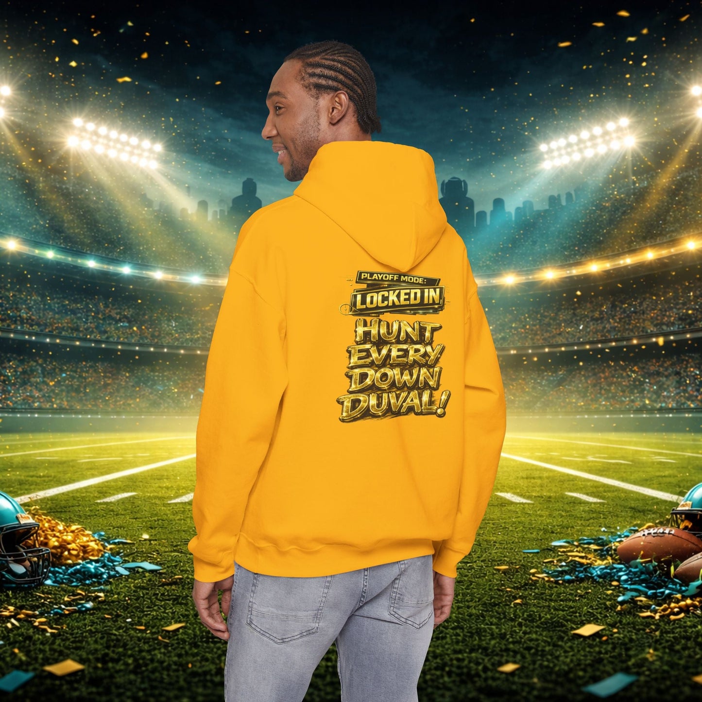 DUUUVAL Football Hoodie – "Locked In, Hunt Every Down" Team Pride Sweatshirt Printify