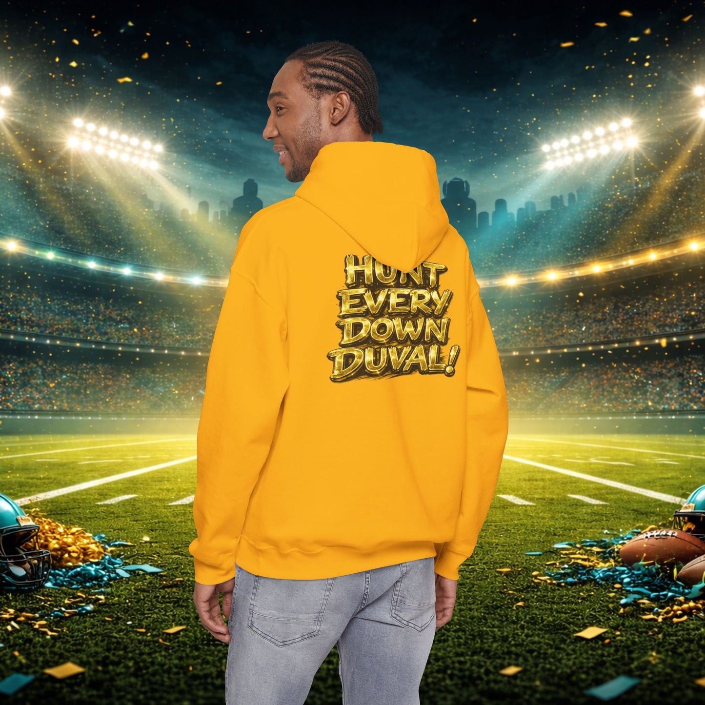 DUUUVAL Football Hoodie – "Locked In, Hunt Every Down" Team Pride Sweatshirt Printify