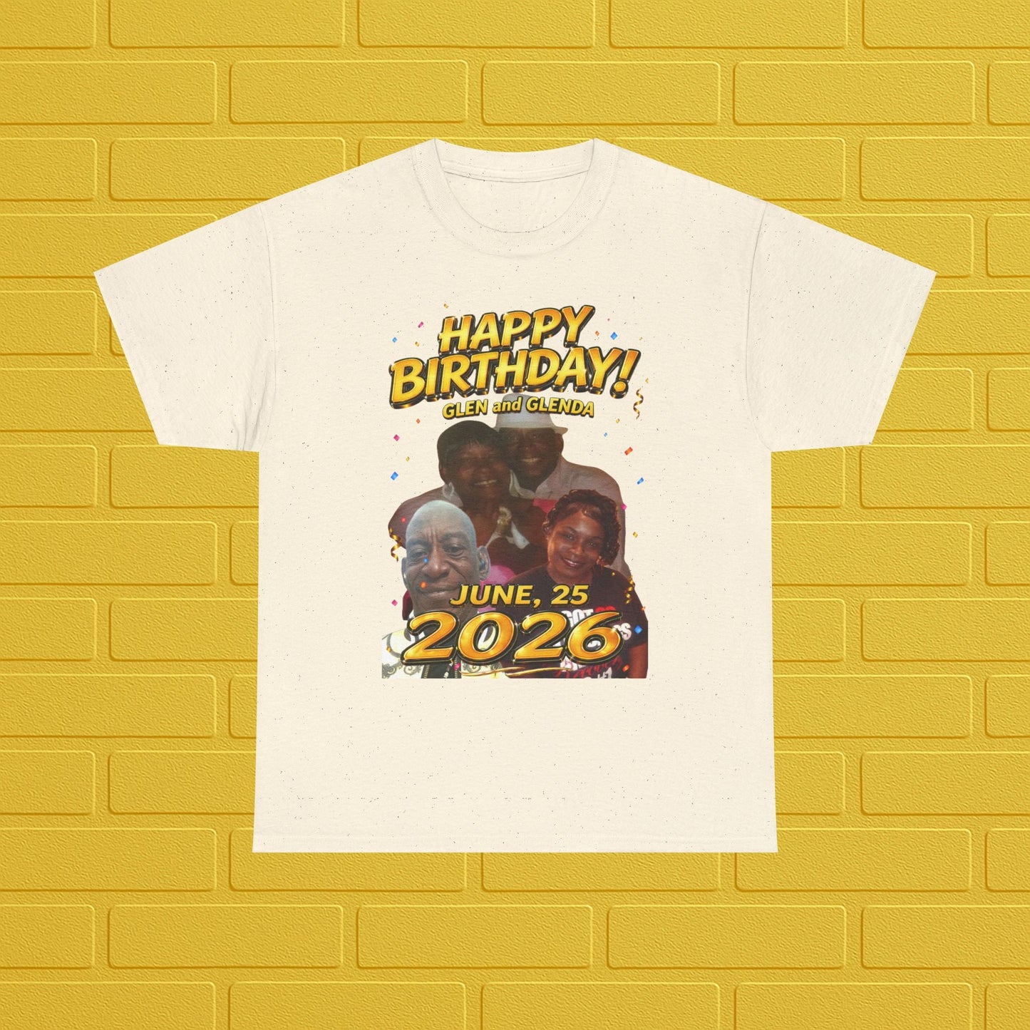 Birthday Tee — "Happy Birthday GLEN & GLENDA”! June 25 2026" with Ecclesiastes 4:9–10 Back Printify