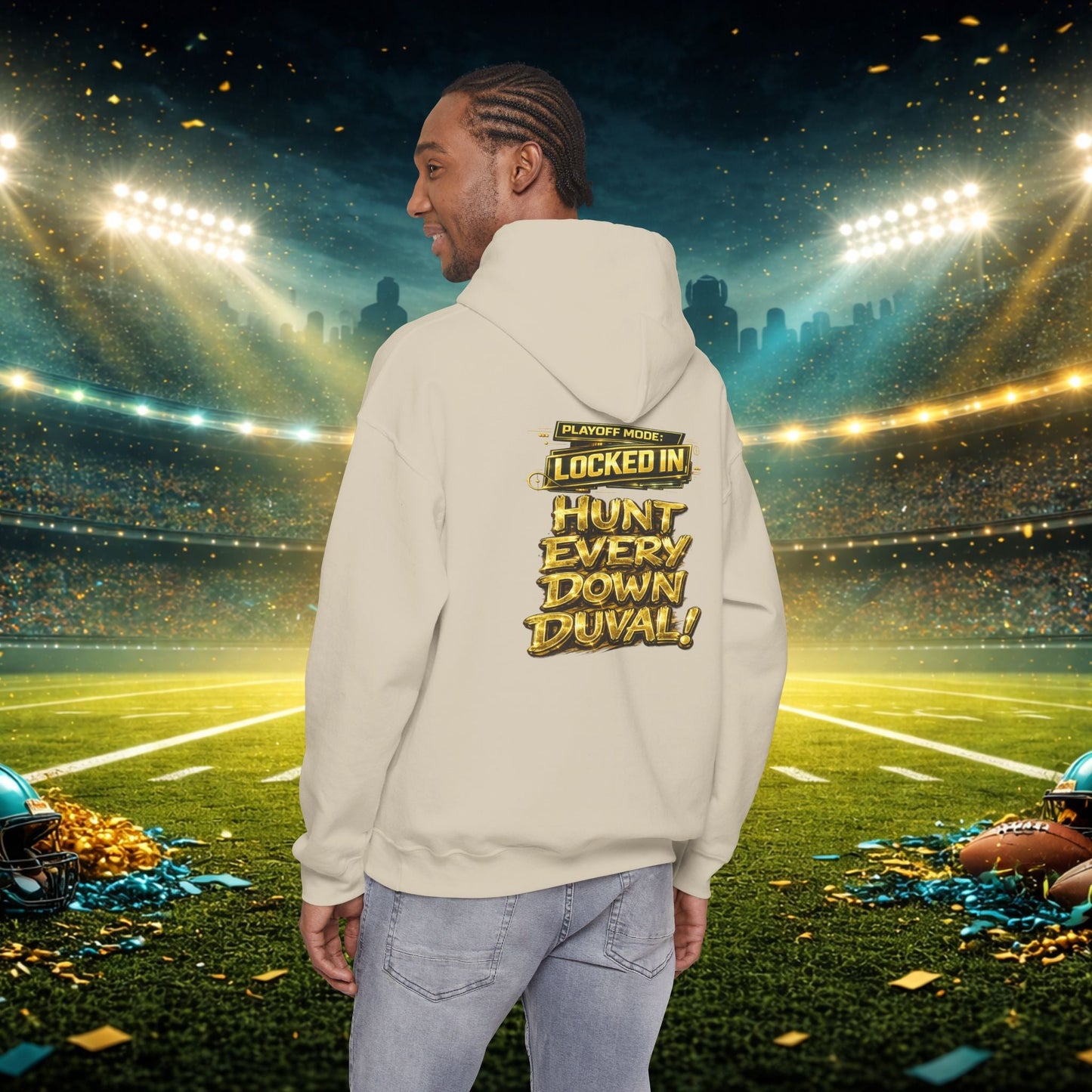 DUUUVAL Football Hoodie – "Locked In, Hunt Every Down" Team Pride Sweatshirt Printify