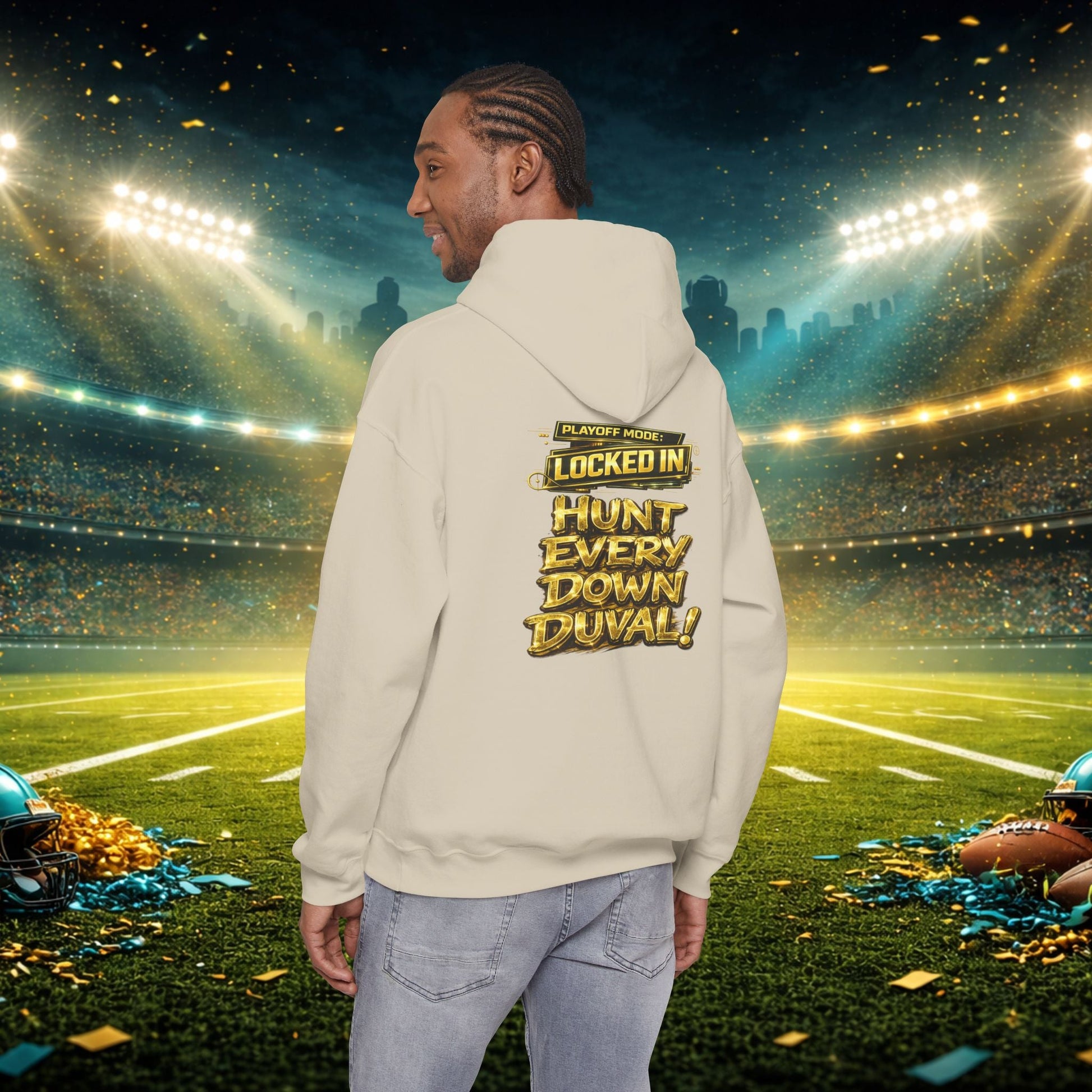DUUUVAL Football Hoodie – "Locked In, Hunt Every Down" Team Pride Sweatshirt Printify