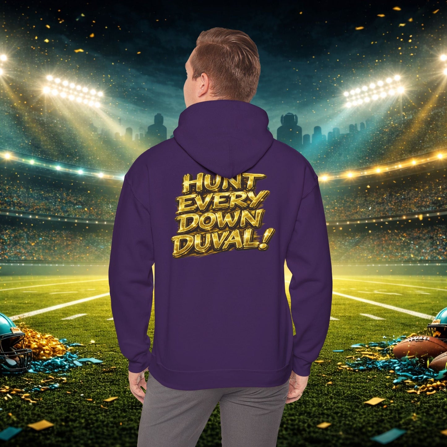 DUUUVAL Football Hoodie – "Locked In, Hunt Every Down" Team Pride Sweatshirt Printify