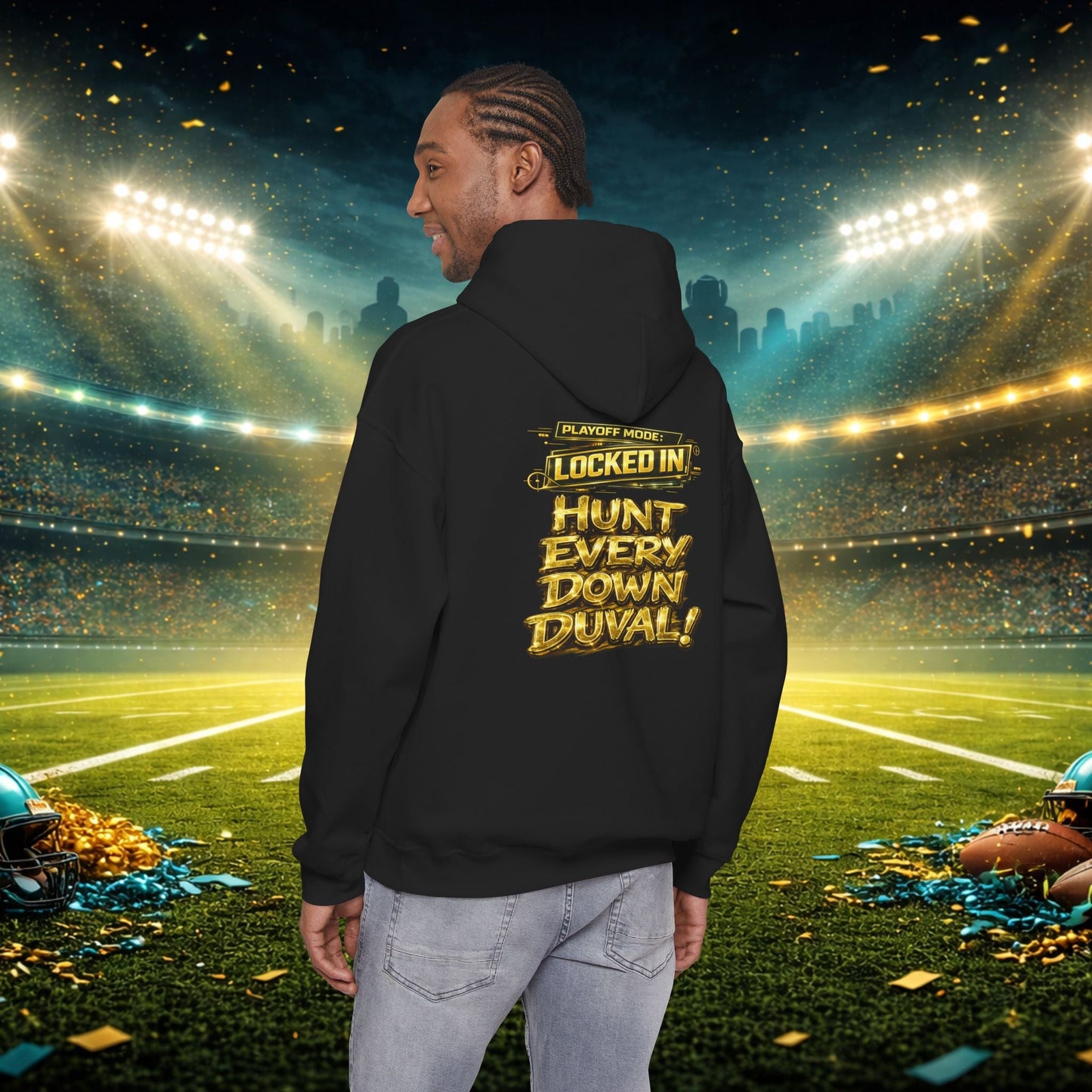 DUUUVAL Football Hoodie – "Locked In, Hunt Every Down" Team Pride Sweatshirt Printify
