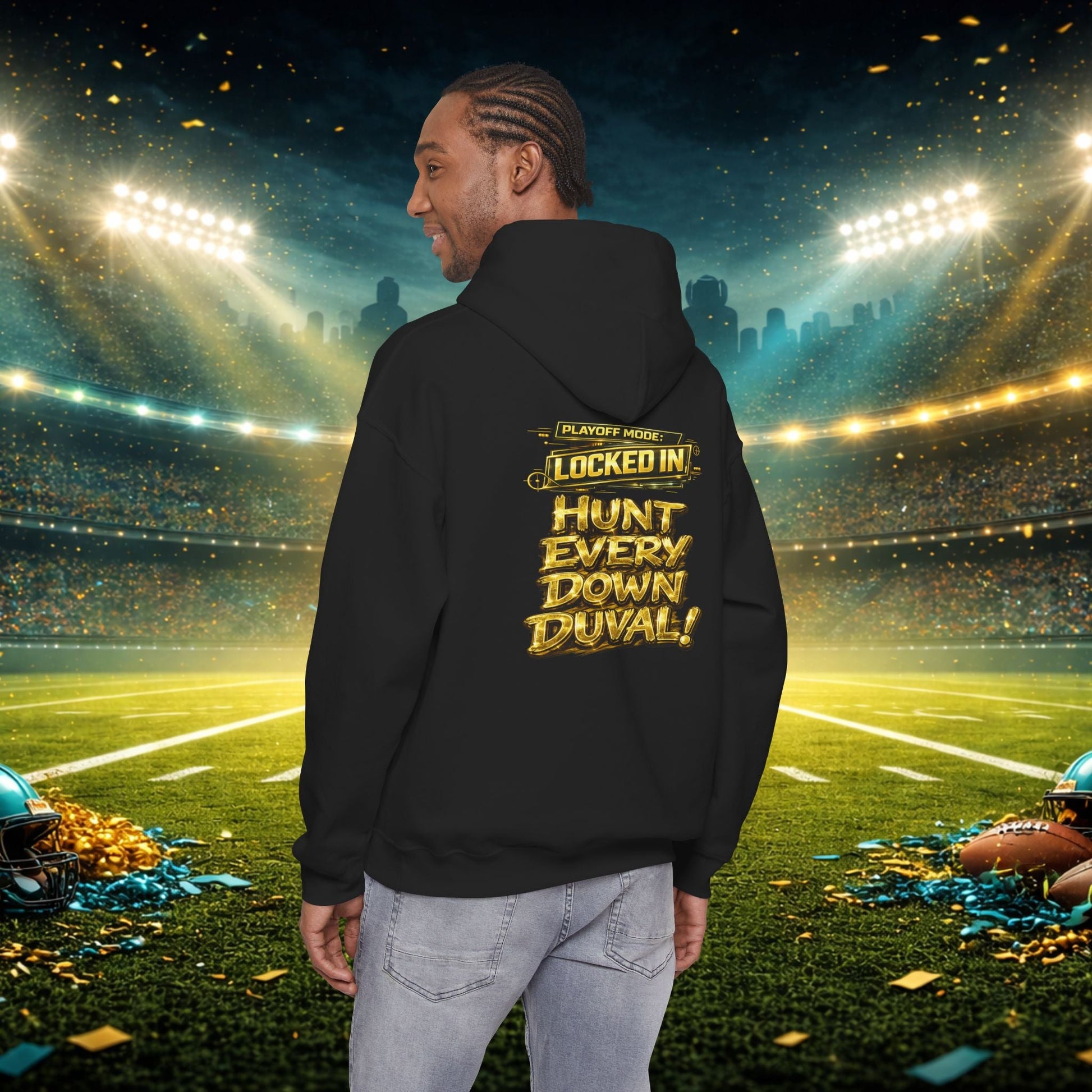DUUUVAL Football Hoodie – "Locked In, Hunt Every Down" Team Pride Sweatshirt Printify