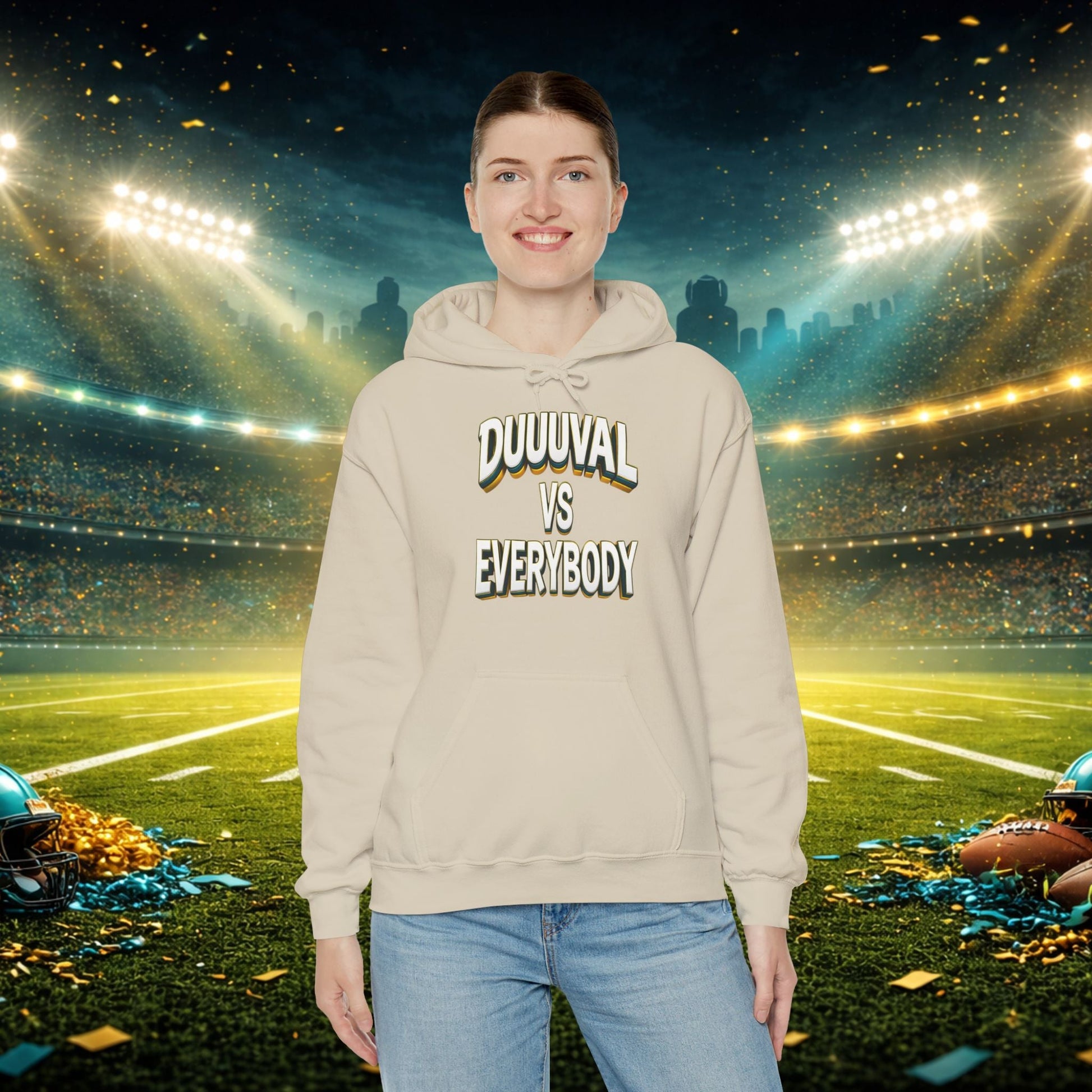 Defend The Bank Hoodie — "DUUUVAL vs EVERYBODY" Jacksonville Streetwear Hoodie Printify