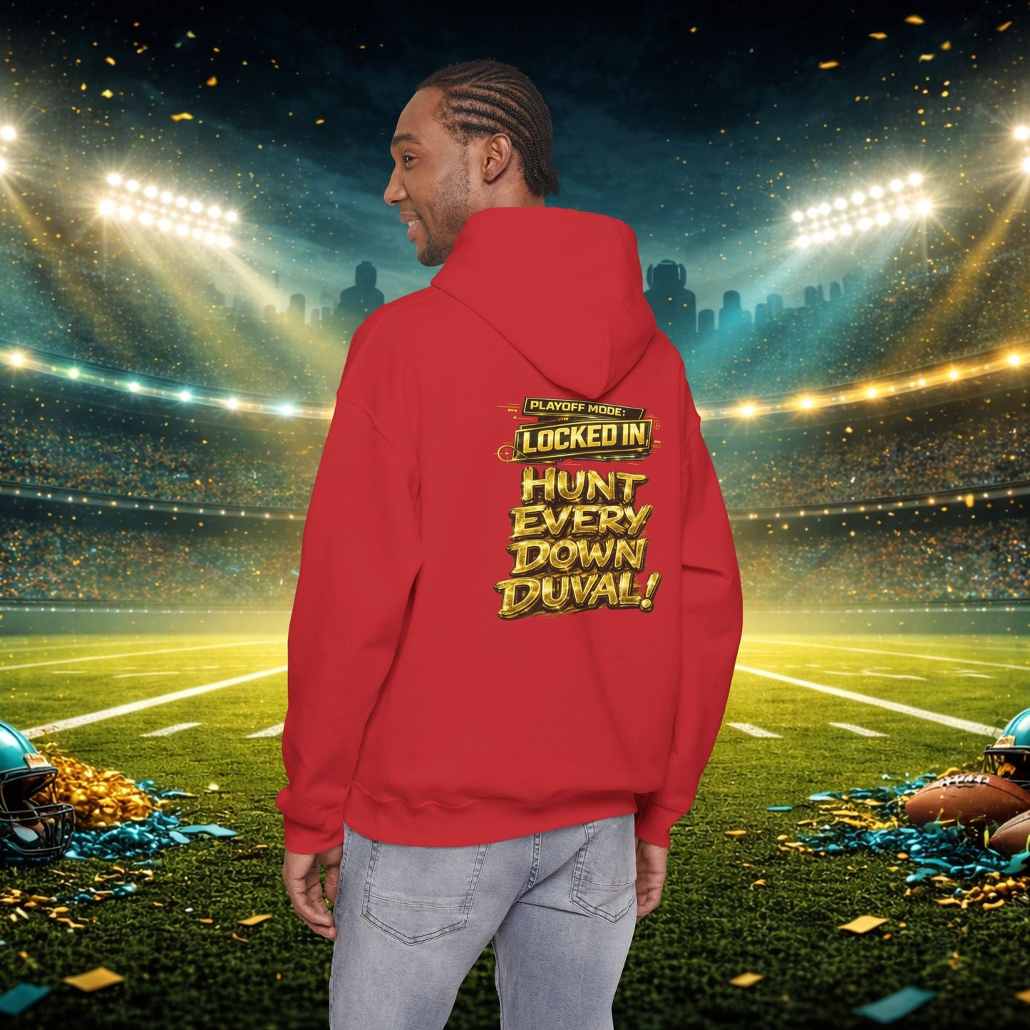 DUUUVAL Football Hoodie – "Locked In, Hunt Every Down" Team Pride Sweatshirt Printify