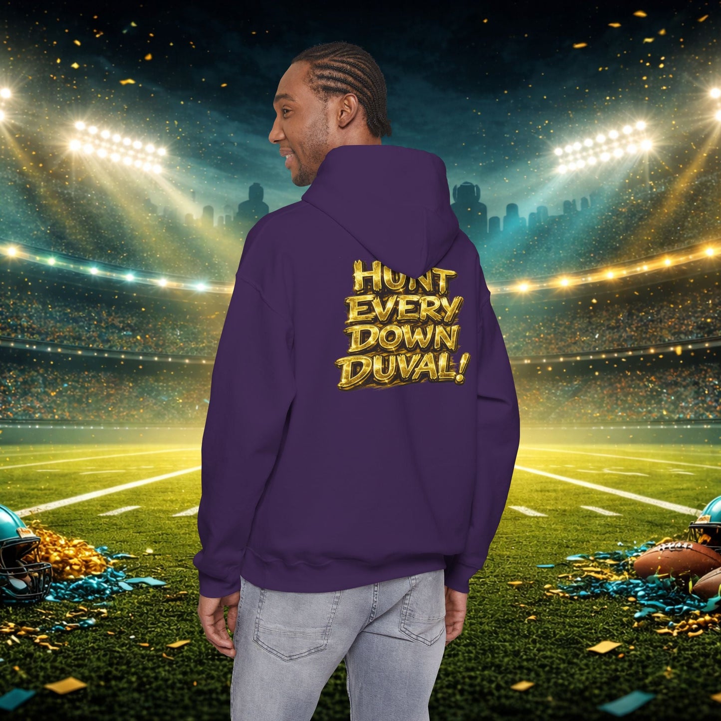 DUUUVAL Football Hoodie – "Locked In, Hunt Every Down" Team Pride Sweatshirt Printify