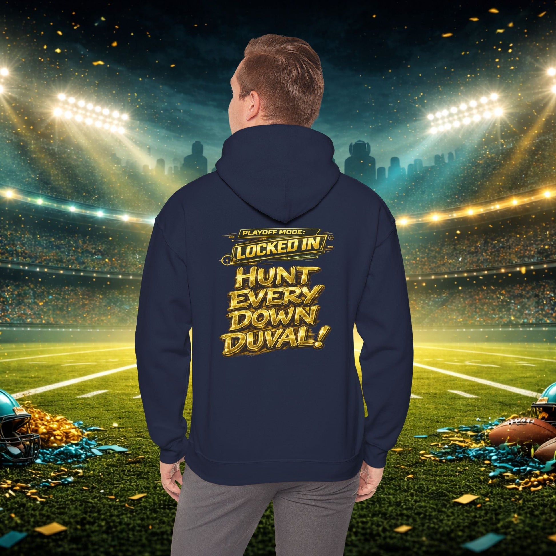 DUUUVAL Football Hoodie – "Locked In, Hunt Every Down" Team Pride Sweatshirt Printify