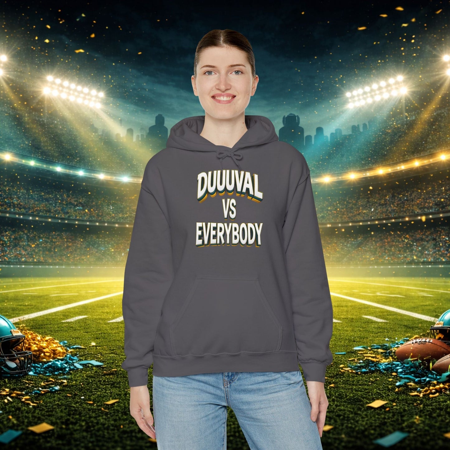 Defend The Bank Hoodie — "DUUUVAL vs EVERYBODY" Jacksonville Streetwear Hoodie Printify