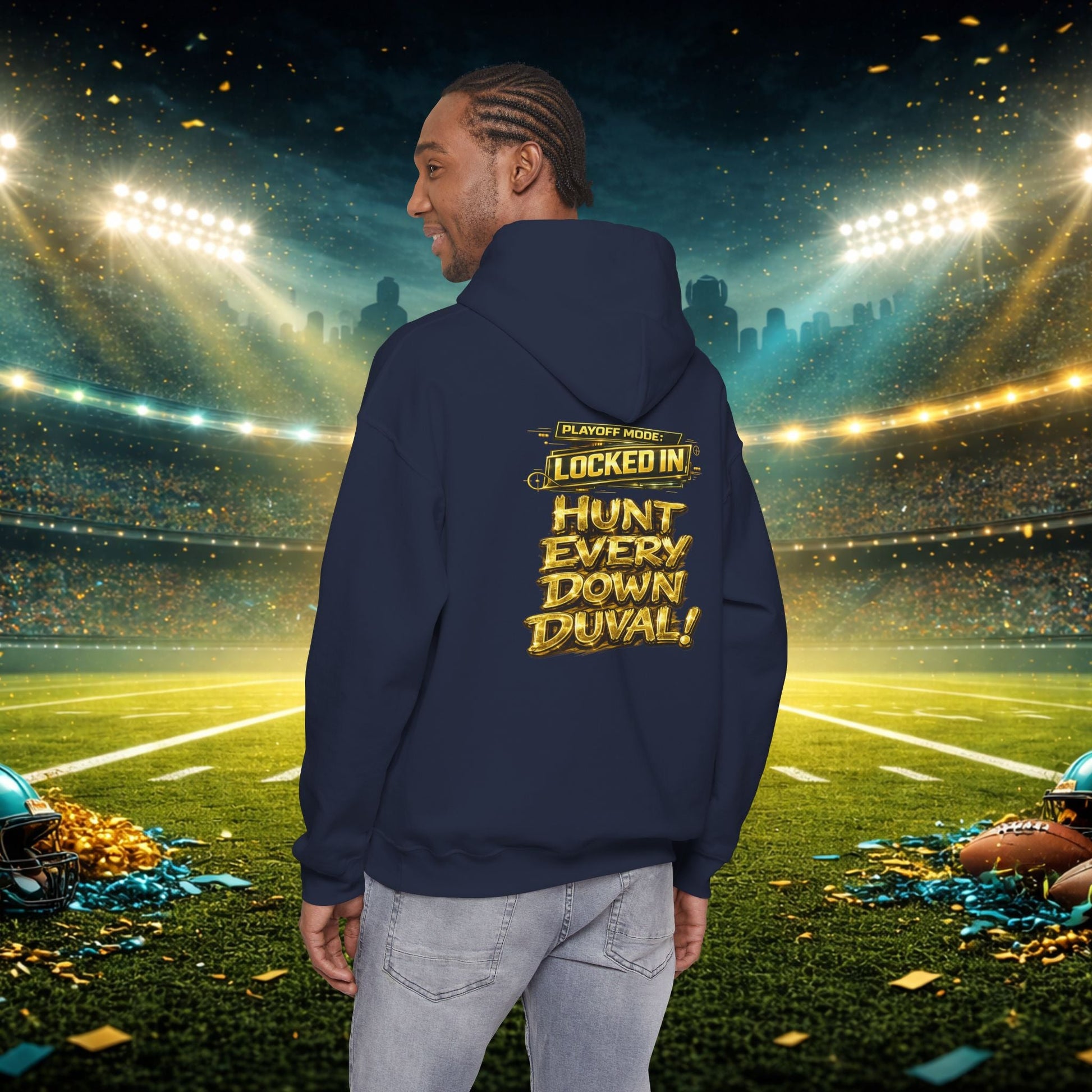 DUUUVAL Football Hoodie – "Locked In, Hunt Every Down" Team Pride Sweatshirt Printify
