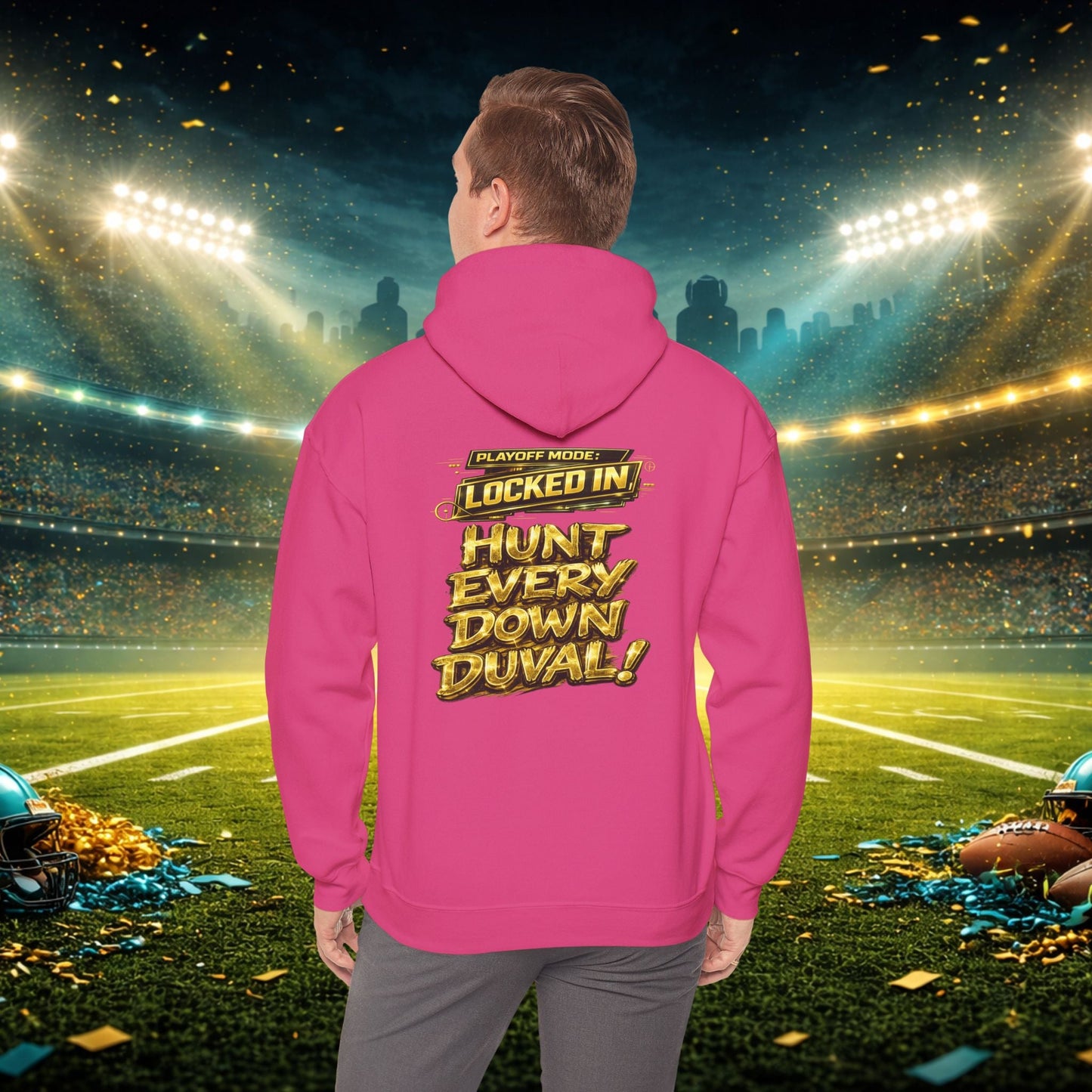 DUUUVAL Football Hoodie – "Locked In, Hunt Every Down" Team Pride Sweatshirt Printify