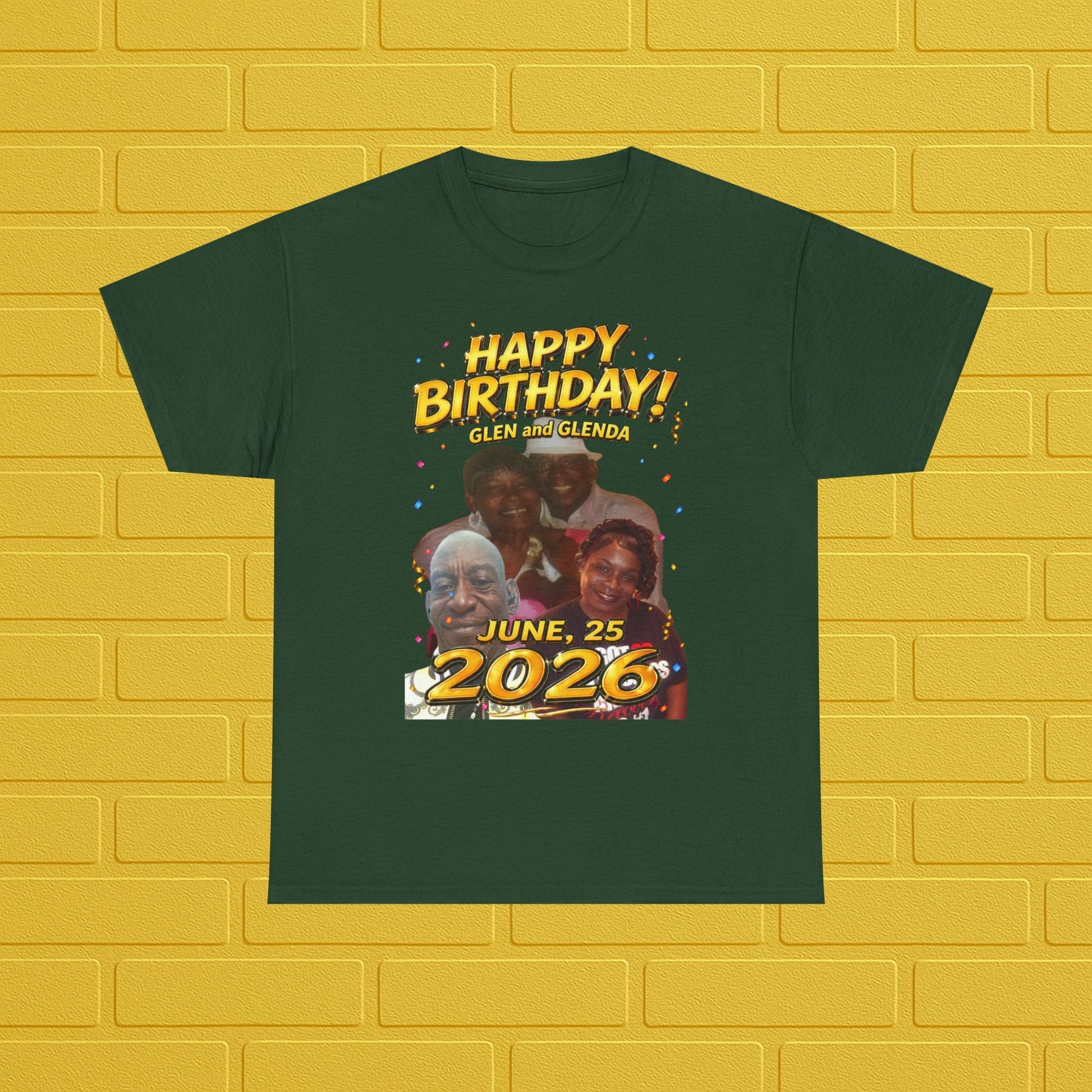 Birthday Tee — "Happy Birthday GLEN & GLENDA”! June 25 2026" with Ecclesiastes 4:9–10 Back Printify