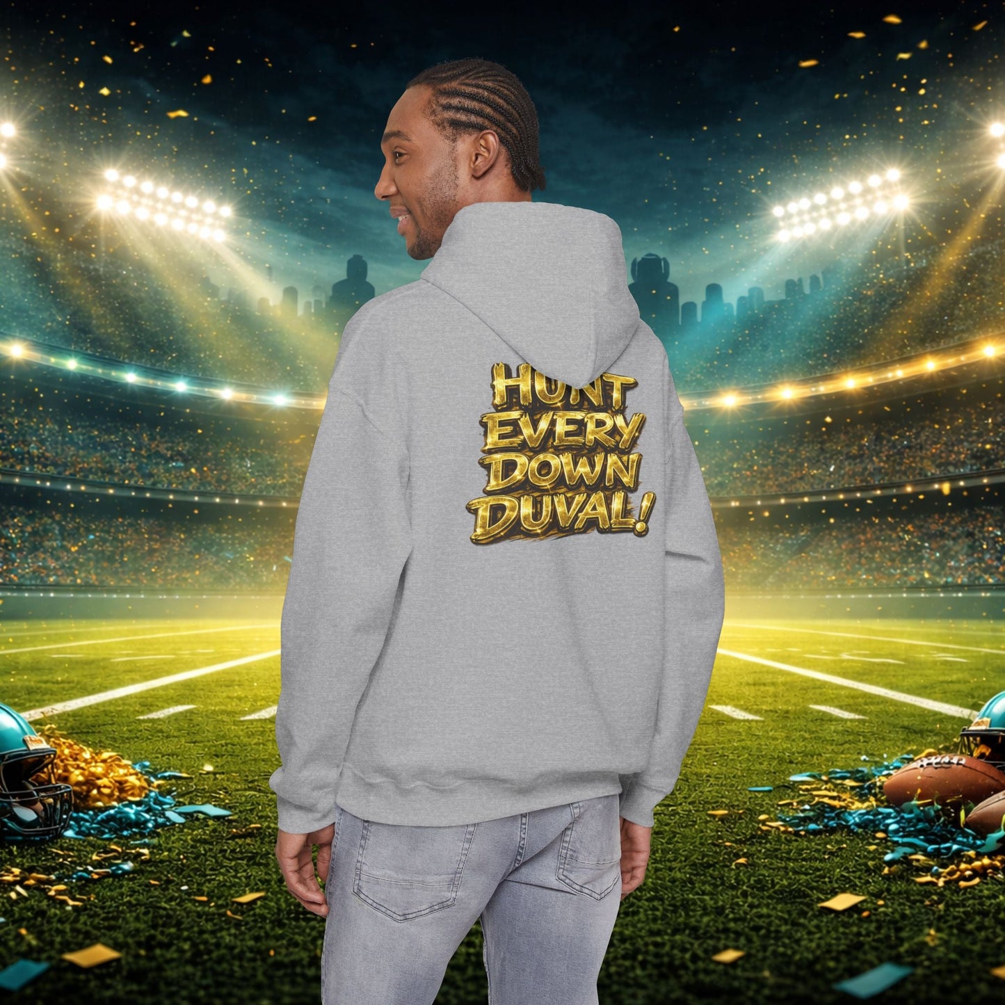 DUUUVAL Football Hoodie – "Locked In, Hunt Every Down" Team Pride Sweatshirt Printify