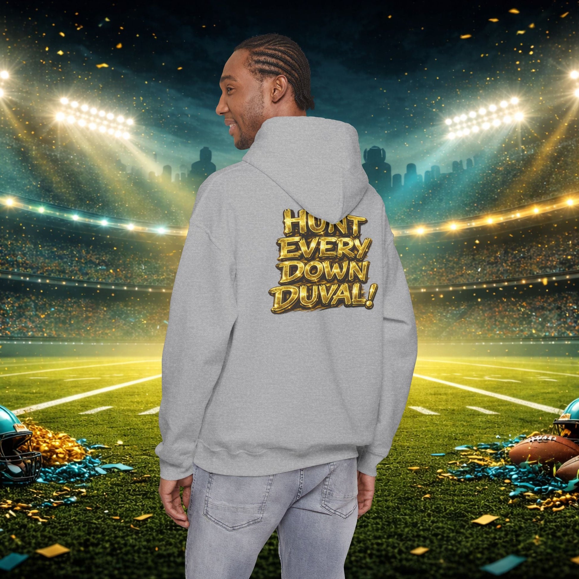 DUUUVAL Football Hoodie – "Locked In, Hunt Every Down" Team Pride Sweatshirt Printify