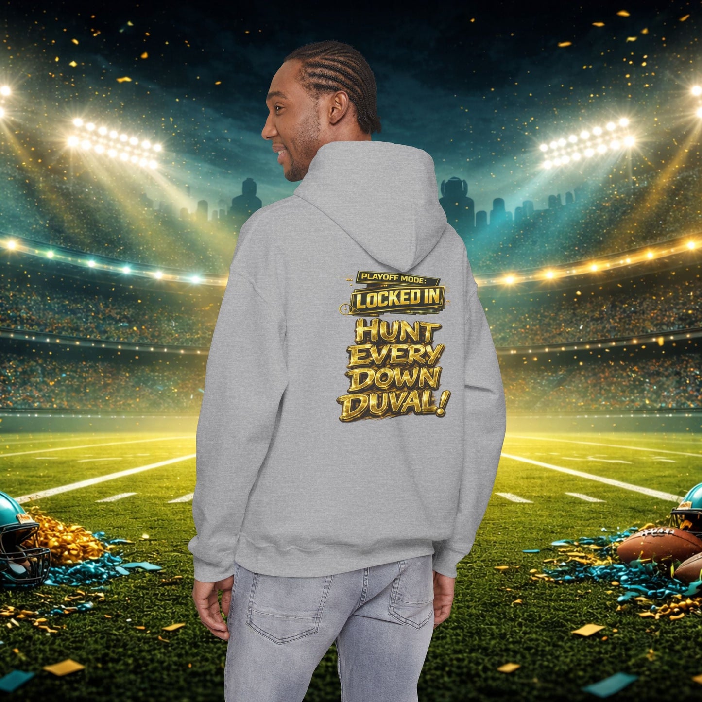 DUUUVAL Football Hoodie – "Locked In, Hunt Every Down" Team Pride Sweatshirt Printify