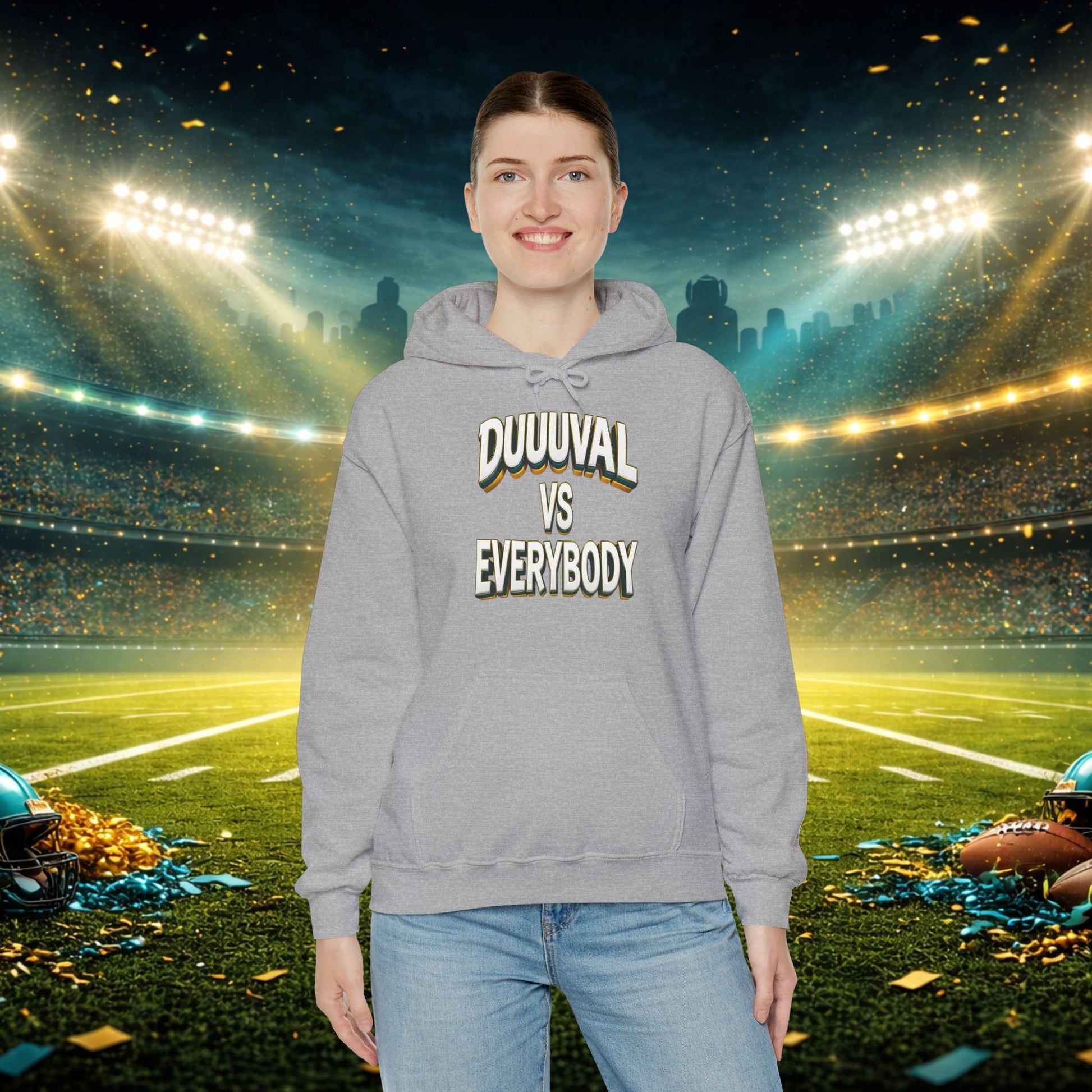 Defend The Bank Hoodie — "DUUUVAL vs EVERYBODY" Jacksonville Streetwear Hoodie Printify