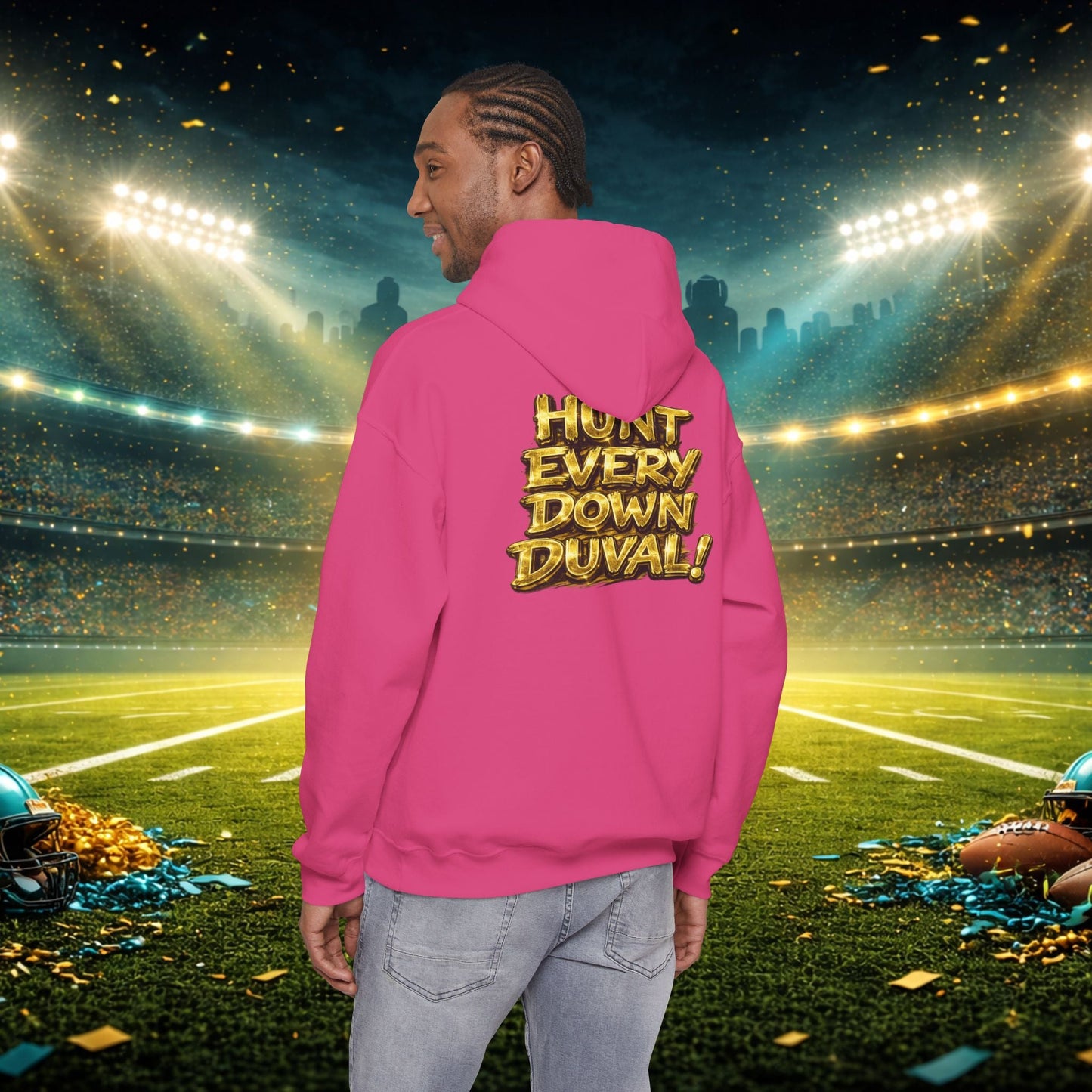 DUUUVAL Football Hoodie – "Locked In, Hunt Every Down" Team Pride Sweatshirt Printify