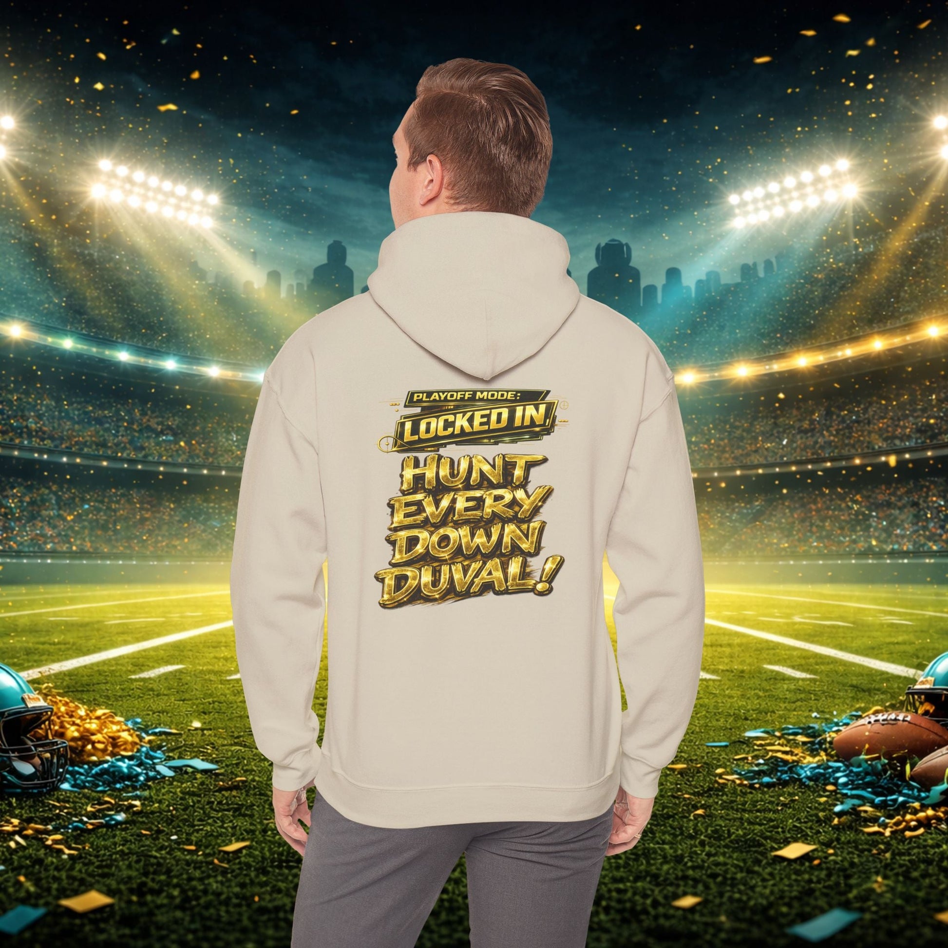 DUUUVAL Football Hoodie – "Locked In, Hunt Every Down" Team Pride Sweatshirt Printify