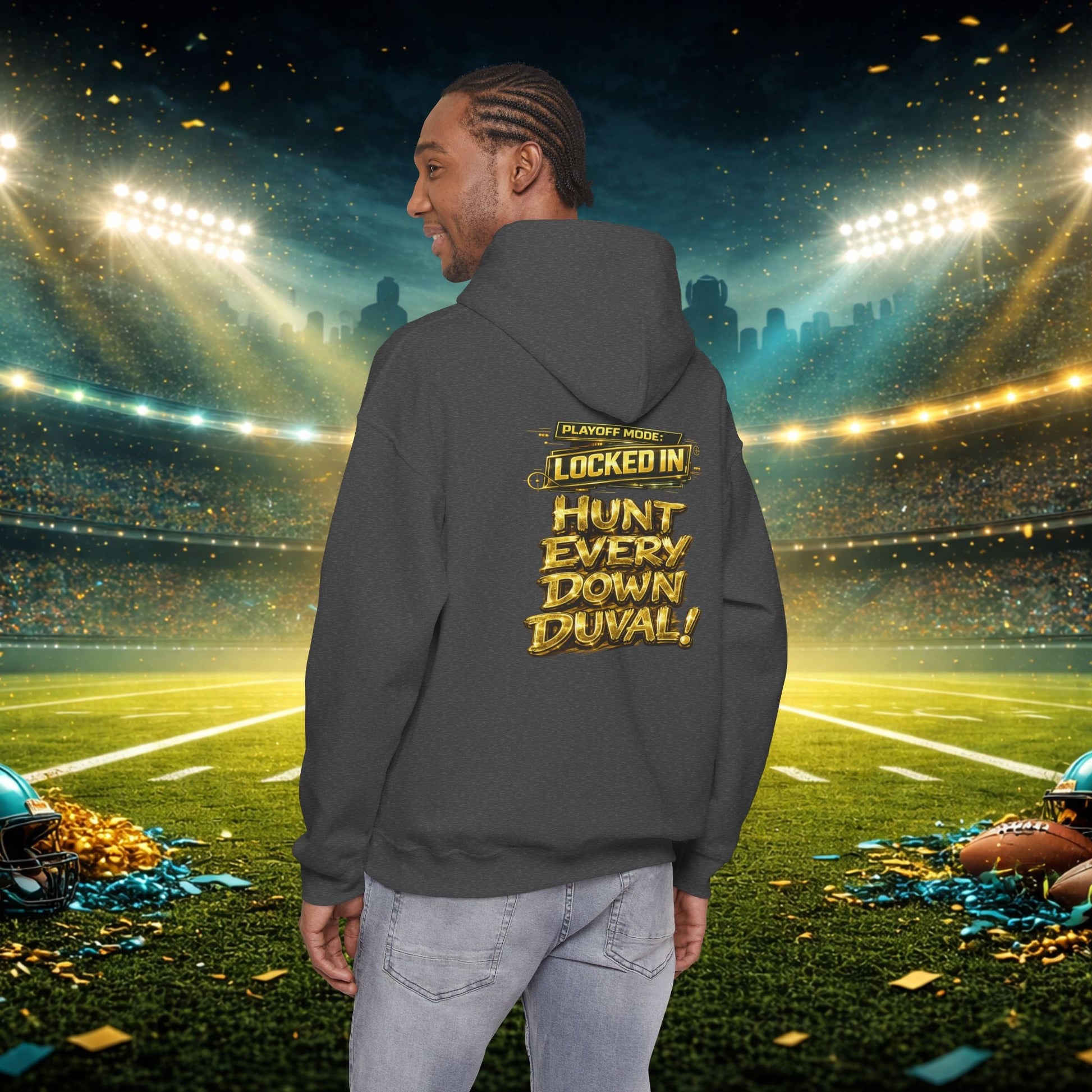 DUUUVAL Football Hoodie – "Locked In, Hunt Every Down" Team Pride Sweatshirt Printify