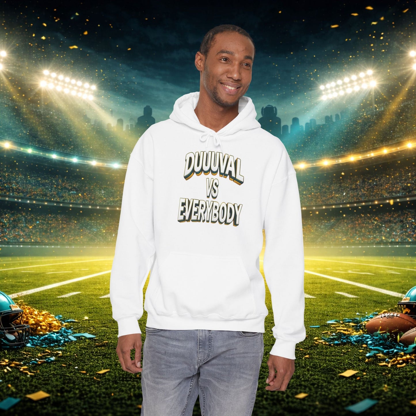 Defend The Bank Hoodie — "DUUUVAL vs EVERYBODY" Jacksonville Streetwear Hoodie Printify