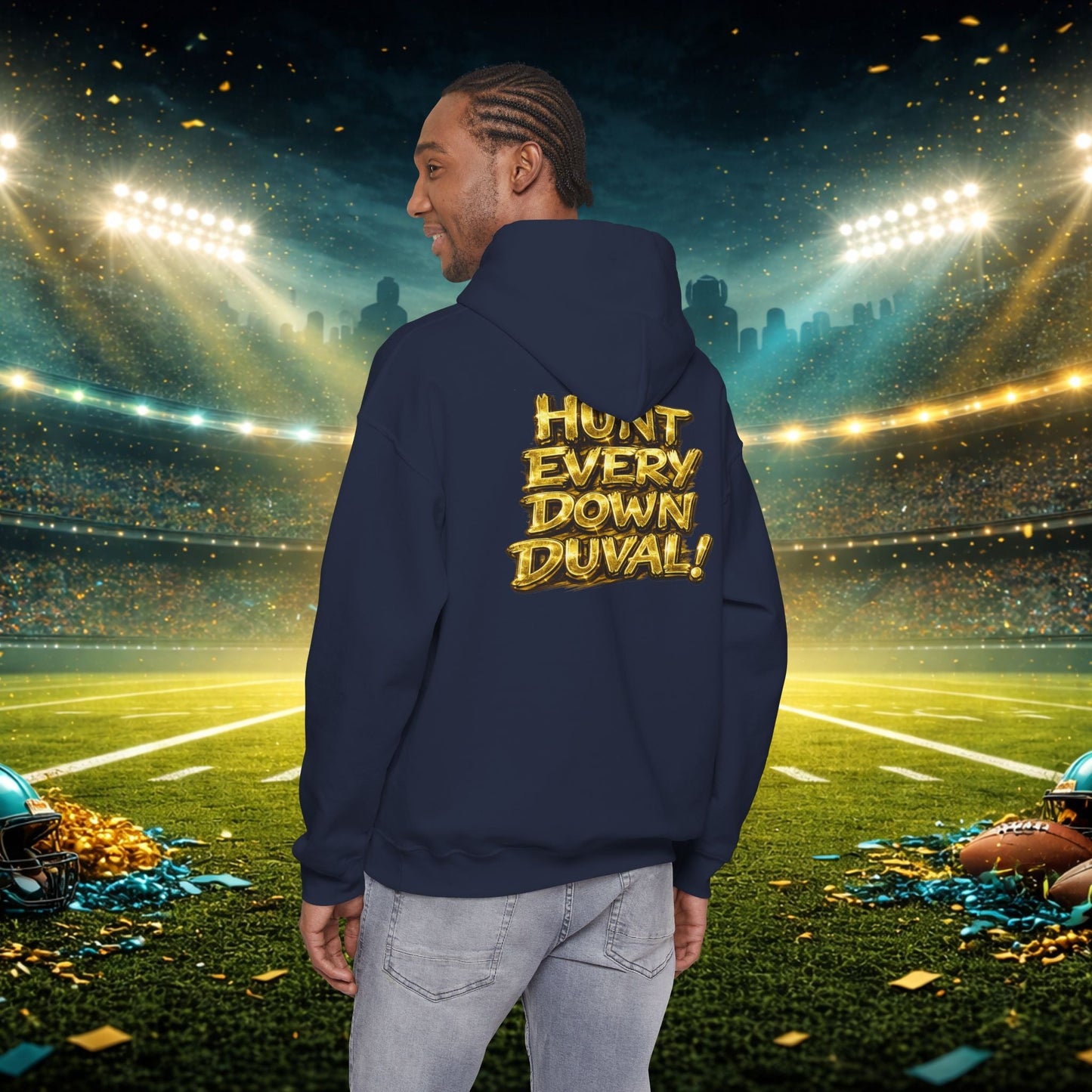 DUUUVAL Football Hoodie – "Locked In, Hunt Every Down" Team Pride Sweatshirt Printify