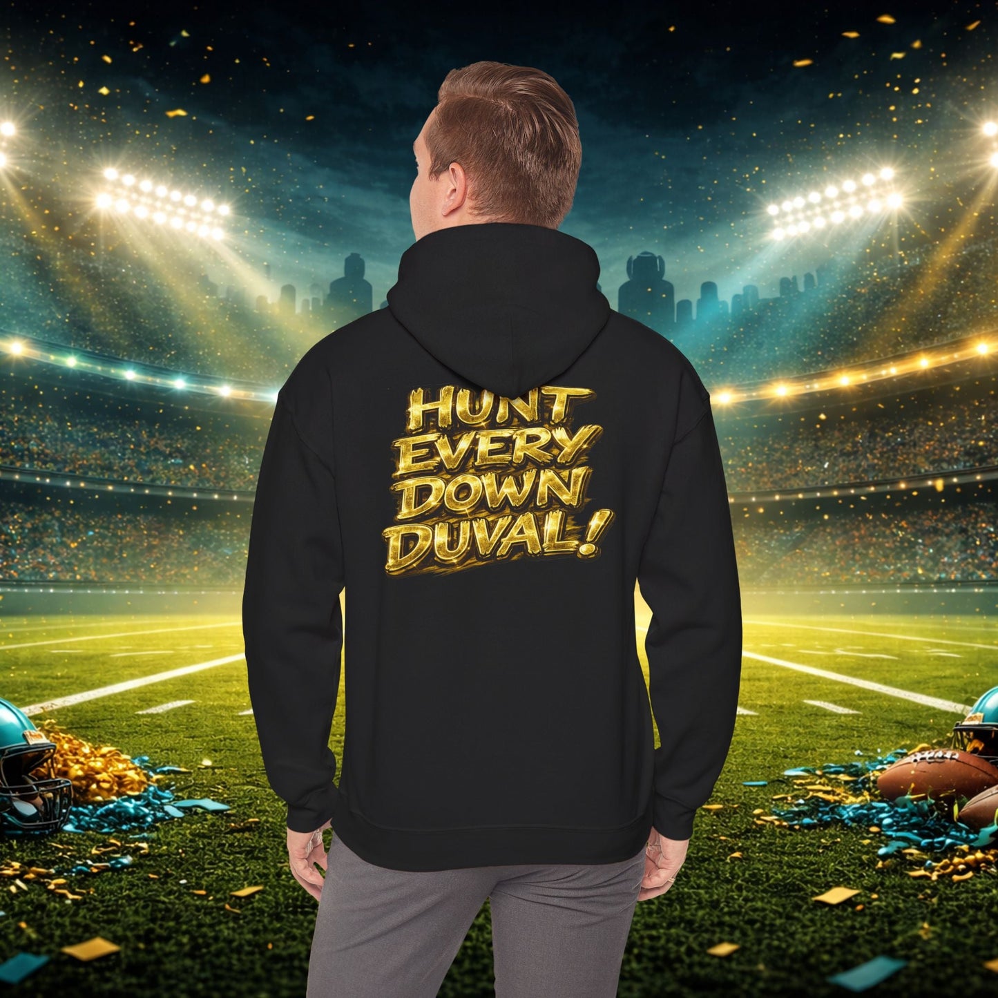 DUUUVAL Football Hoodie – "Locked In, Hunt Every Down" Team Pride Sweatshirt Printify
