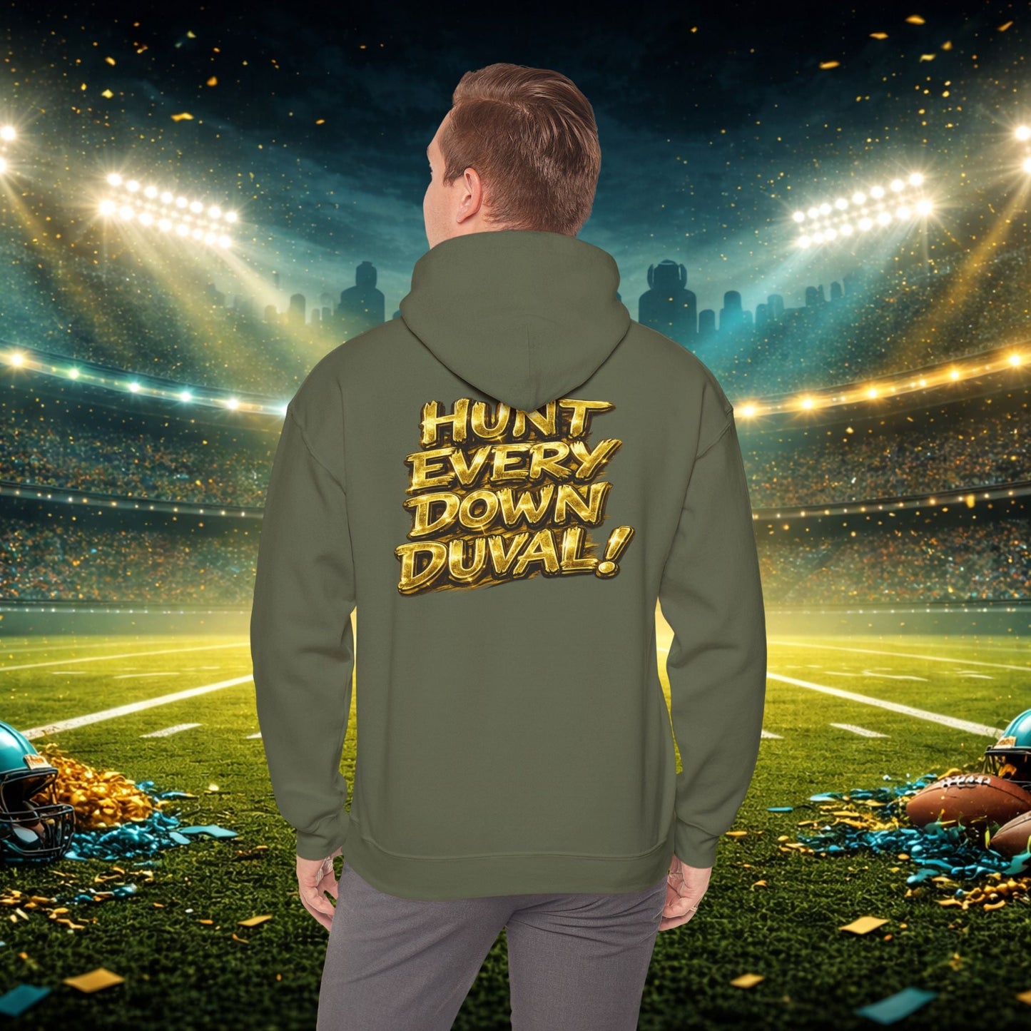 DUUUVAL Football Hoodie – "Locked In, Hunt Every Down" Team Pride Sweatshirt Printify