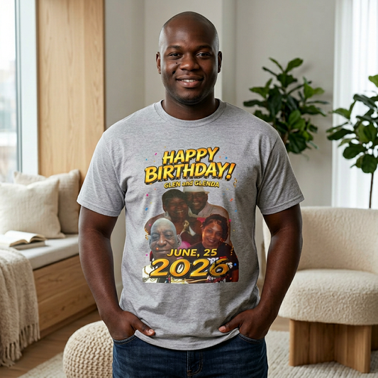 Birthday Tee — "Happy Birthday GLEN & GLENDA”! June 25 2026" with Ecclesiastes 4:9–10 Back Printify