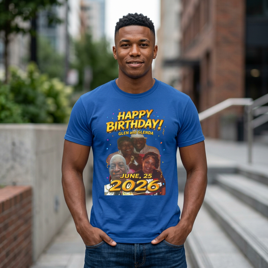 Birthday Tee — "Happy Birthday GLEN & GLENDA”! June 25 2026" with Ecclesiastes 4:9–10 Back Printify