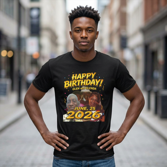 Birthday Tee — "Happy Birthday GLEN & GLENDA”! June 25 2026" with Ecclesiastes 4:9–10 Back Printify