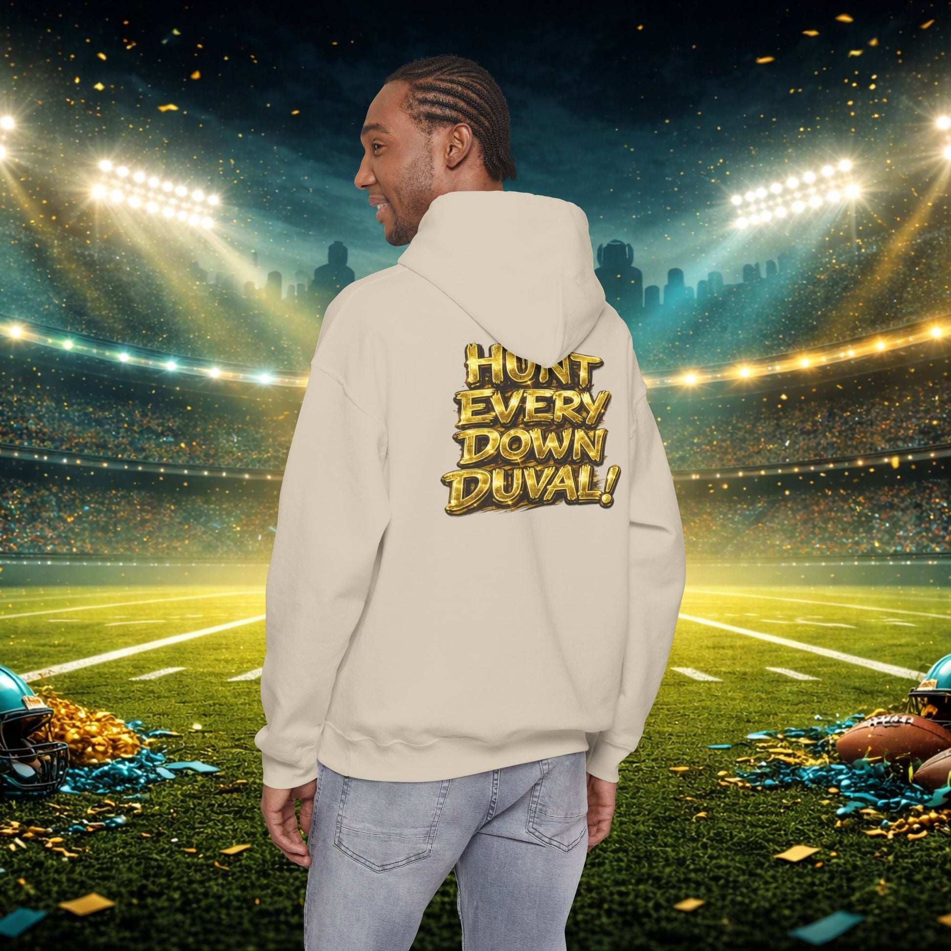 DUUUVAL Football Hoodie – "Locked In, Hunt Every Down" Team Pride Sweatshirt Printify