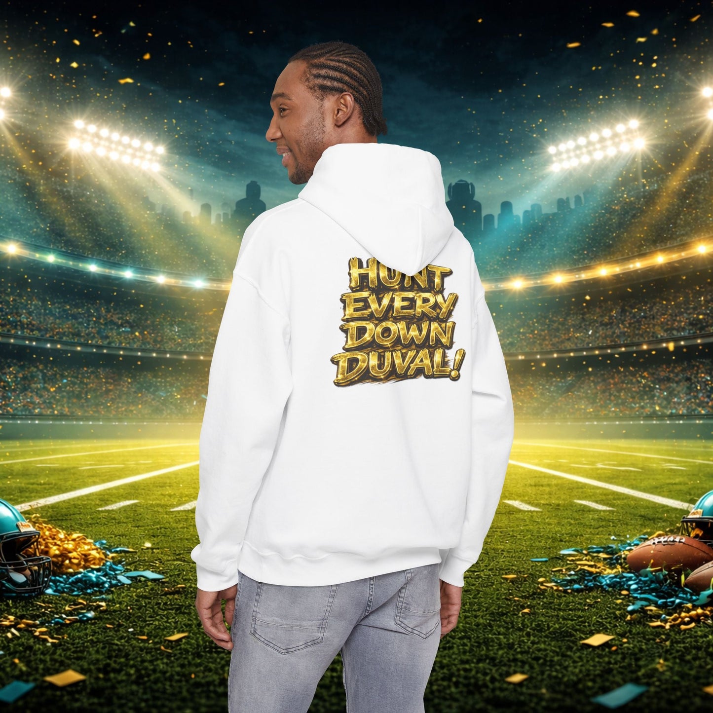 DUUUVAL Football Hoodie – "Locked In, Hunt Every Down" Team Pride Sweatshirt Printify