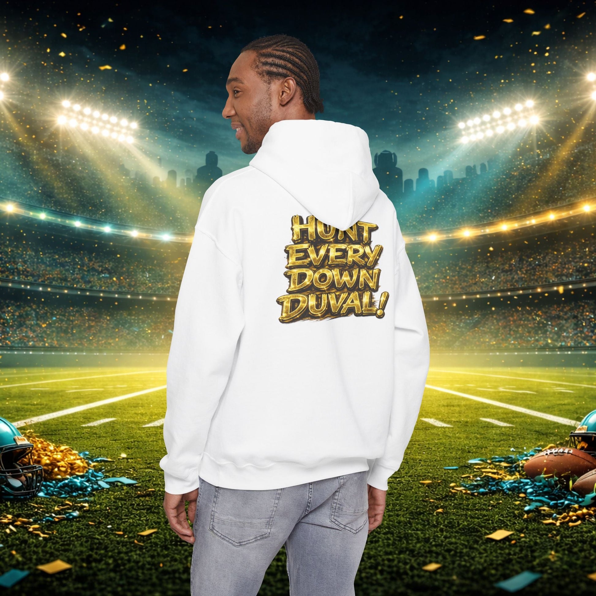 DUUUVAL Football Hoodie – "Locked In, Hunt Every Down" Team Pride Sweatshirt Printify