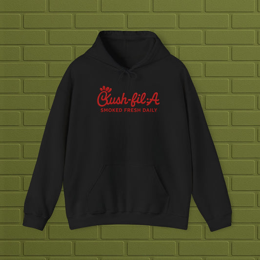 Cush-fil-A Chill Vibes Hoodie | Funny Cannabis Sweatshirt | Cozy Foodie Hoodie | Unisex Stoner Apparel | Gift for Weed Lovers Printify