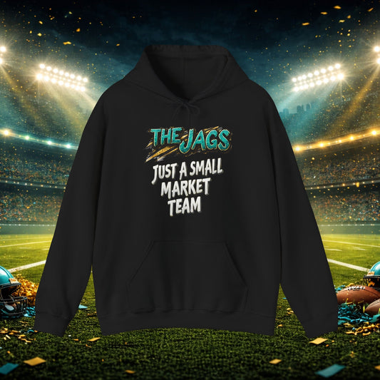 Just a Small Market Team Hoodie – Duval Football Fan Sweatshirt, Playoff Vibes, Bold Teal & Gold Streetwear, Unisex Heavy Blend Hoodie Printify