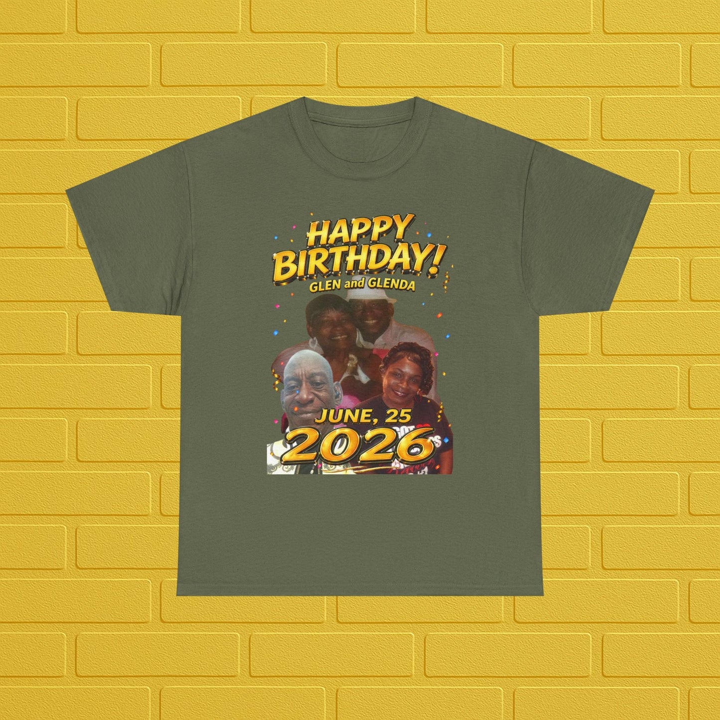 Birthday Tee — "Happy Birthday GLEN & GLENDA”! June 25 2026" with Ecclesiastes 4:9–10 Back Printify