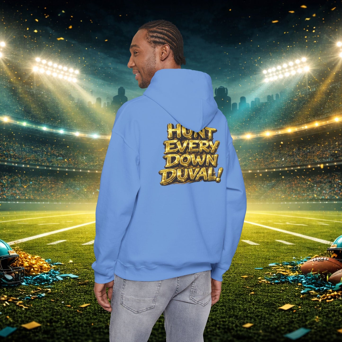 DUUUVAL Football Hoodie – "Locked In, Hunt Every Down" Team Pride Sweatshirt Printify