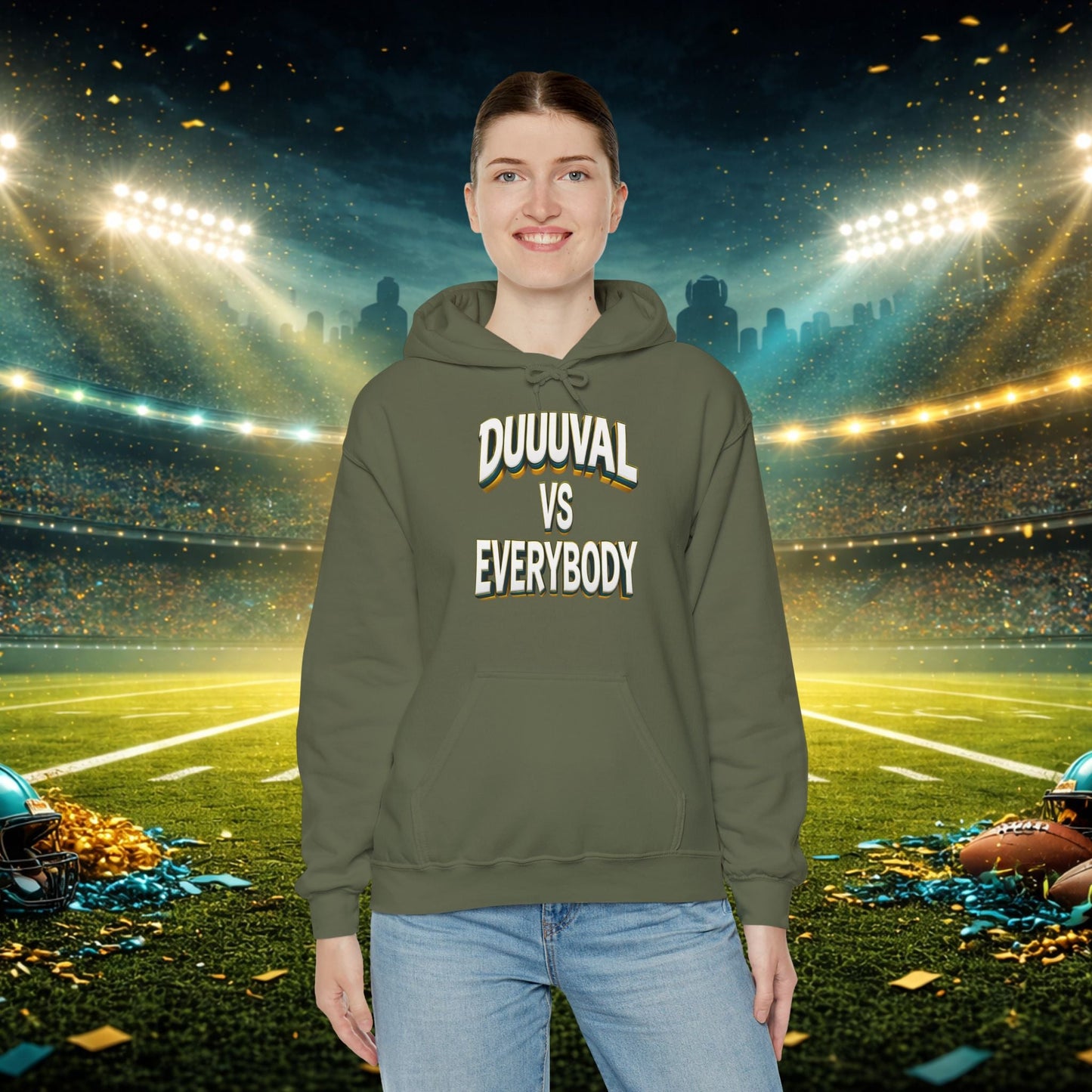 Defend The Bank Hoodie — "DUUUVAL vs EVERYBODY" Jacksonville Streetwear Hoodie Printify