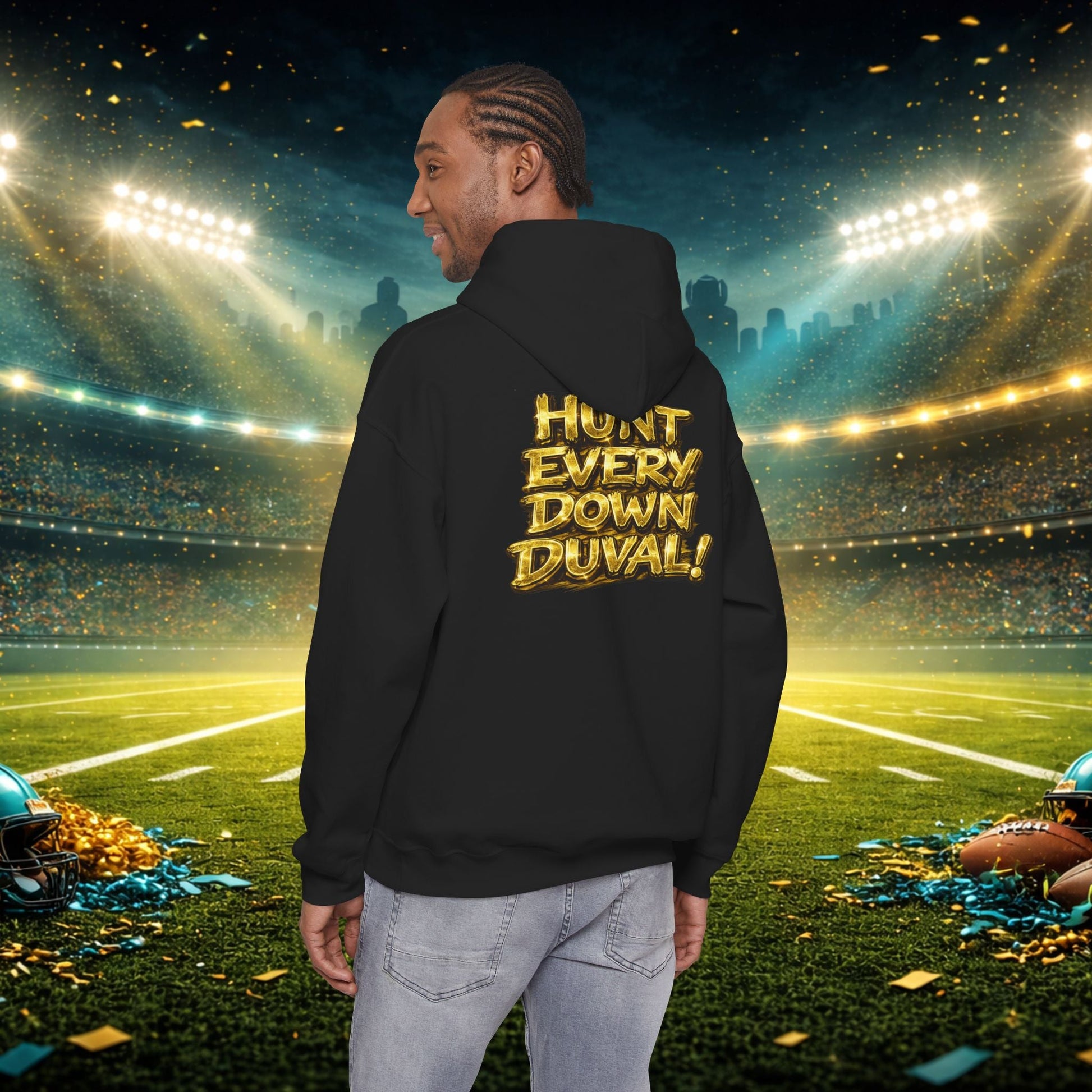 DUUUVAL Football Hoodie – "Locked In, Hunt Every Down" Team Pride Sweatshirt Printify