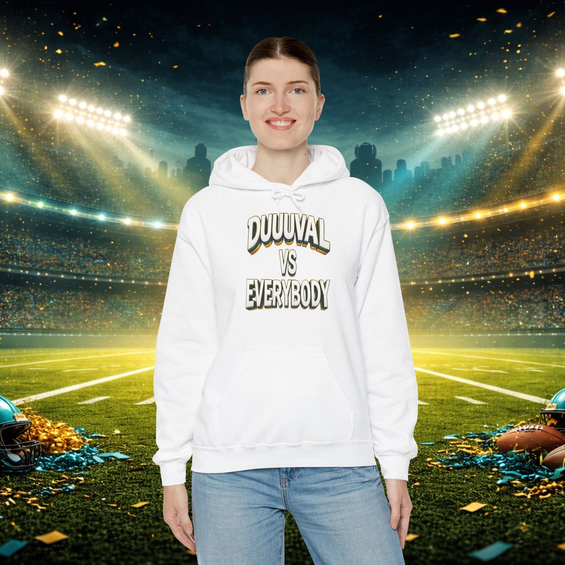 Defend The Bank Hoodie — "DUUUVAL vs EVERYBODY" Jacksonville Streetwear Hoodie Printify