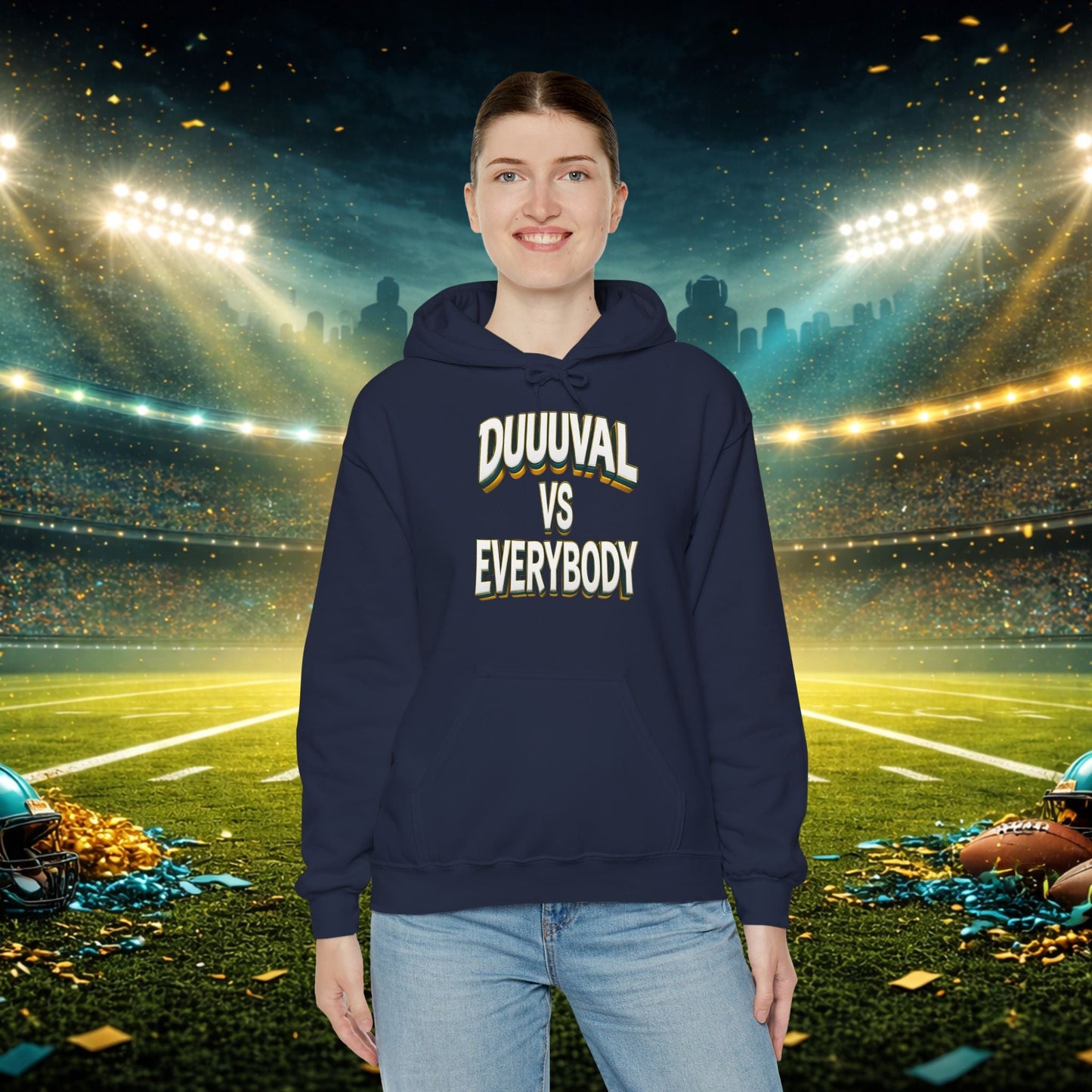 Defend The Bank Hoodie — "DUUUVAL vs EVERYBODY" Jacksonville Streetwear Hoodie Printify