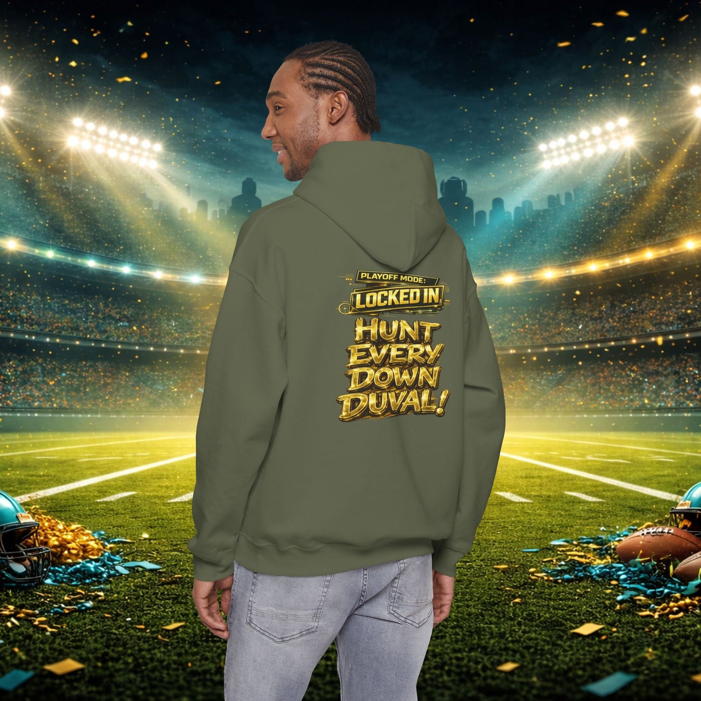 DUUUVAL Football Hoodie – "Locked In, Hunt Every Down" Team Pride Sweatshirt Printify