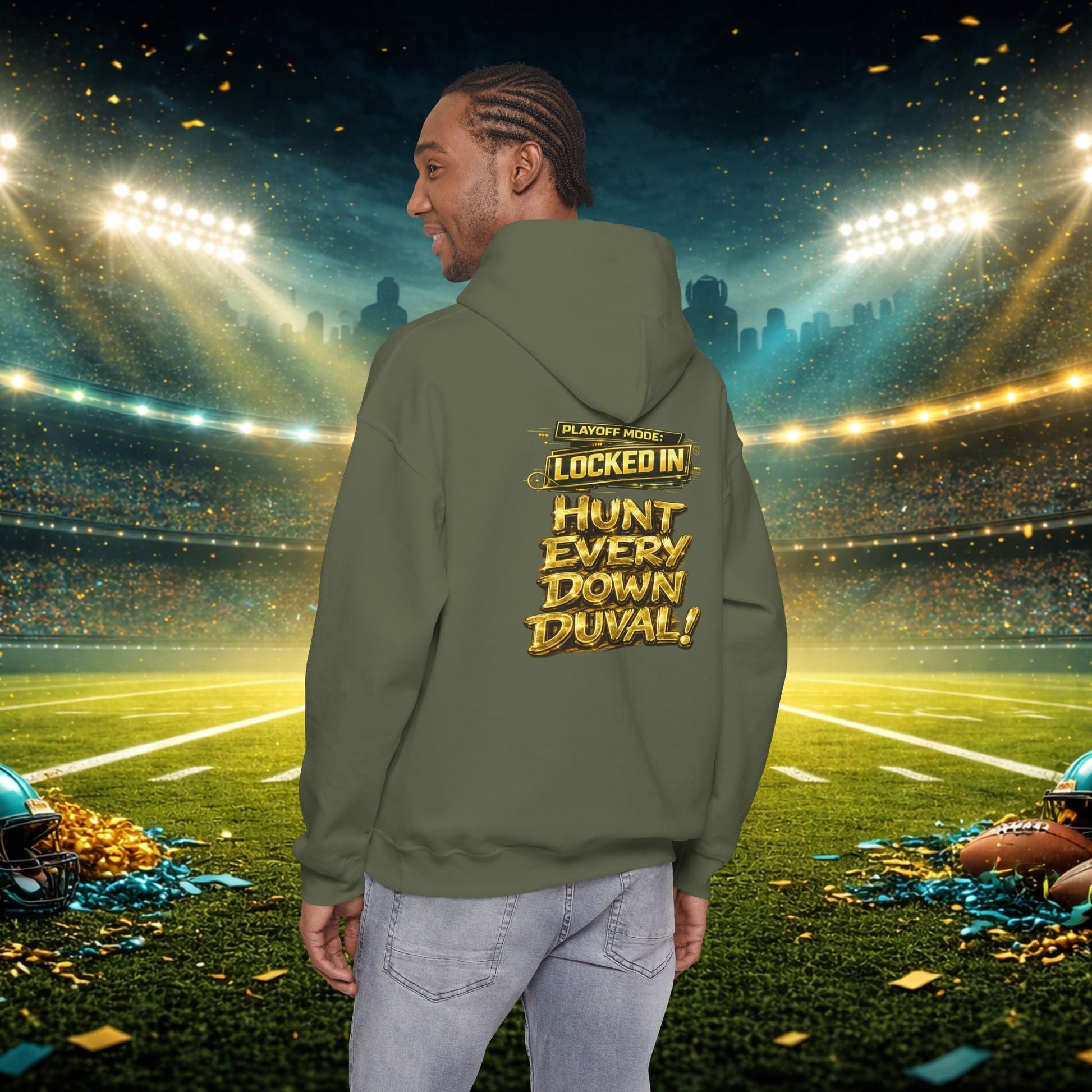 DUUUVAL Football Hoodie – "Locked In, Hunt Every Down" Team Pride Sweatshirt Printify