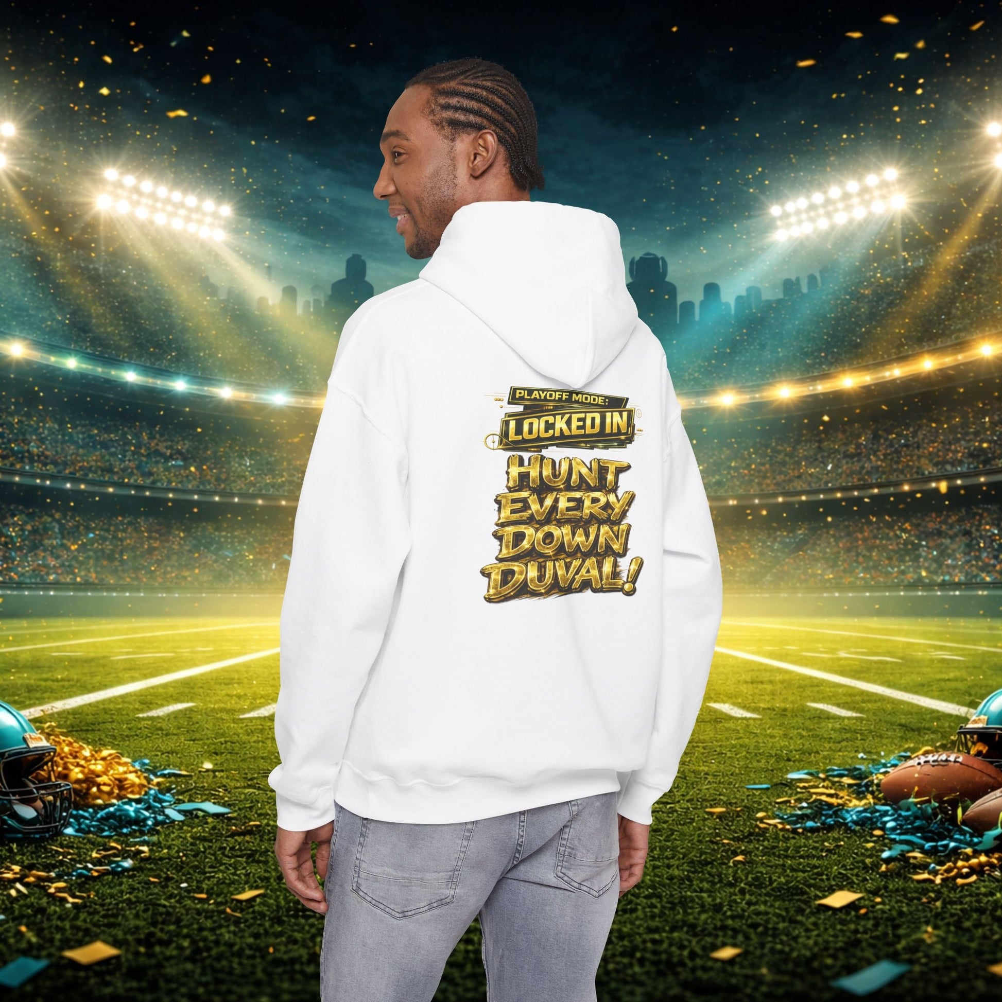 DUUUVAL Football Hoodie – "Locked In, Hunt Every Down" Team Pride Sweatshirt Printify